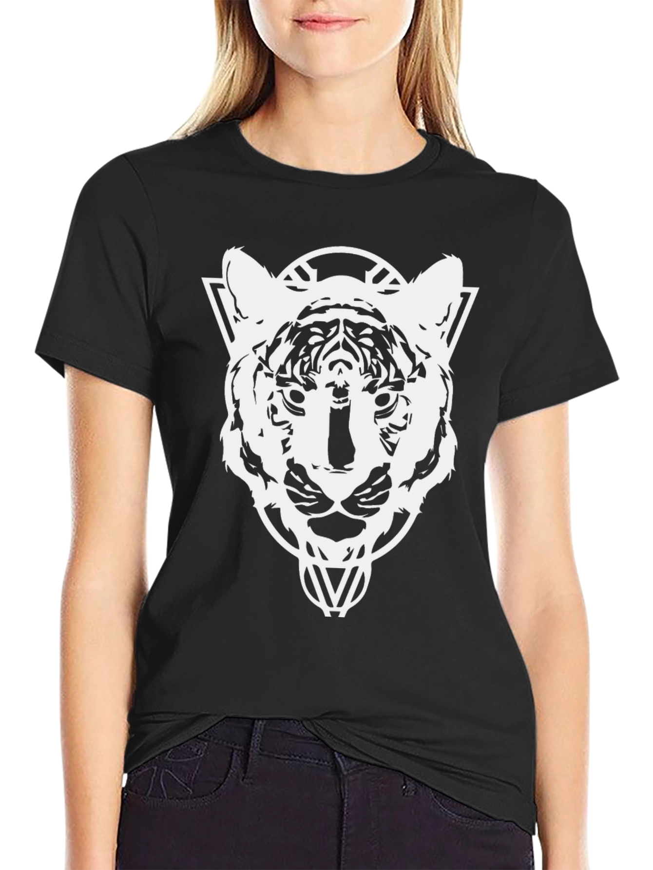 Geometric Tiger Head Graphic T-Shirt - Black