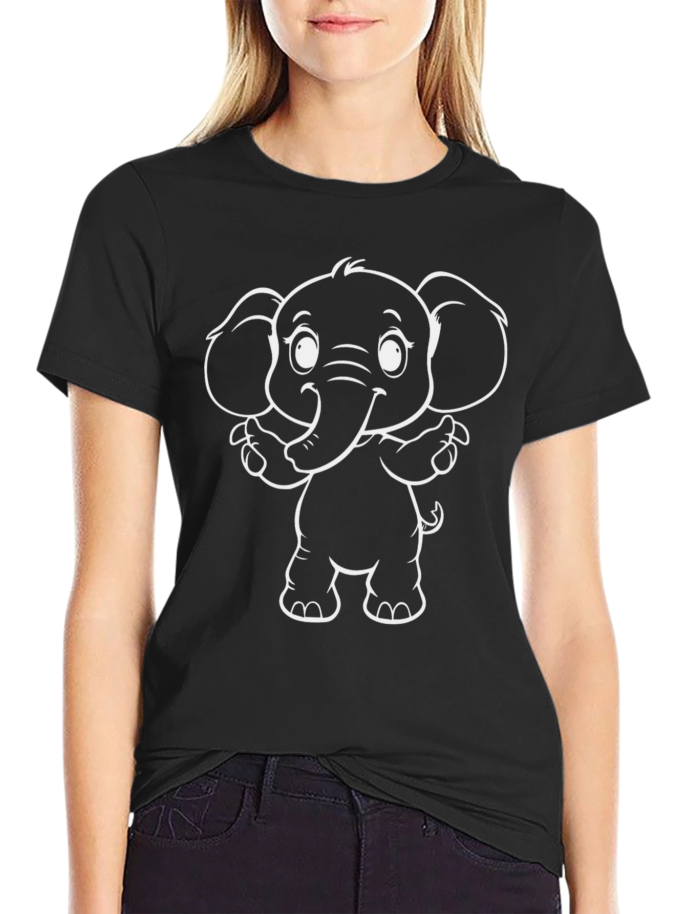 Cute Cartoon Elephant Graphic Black T-Shirt