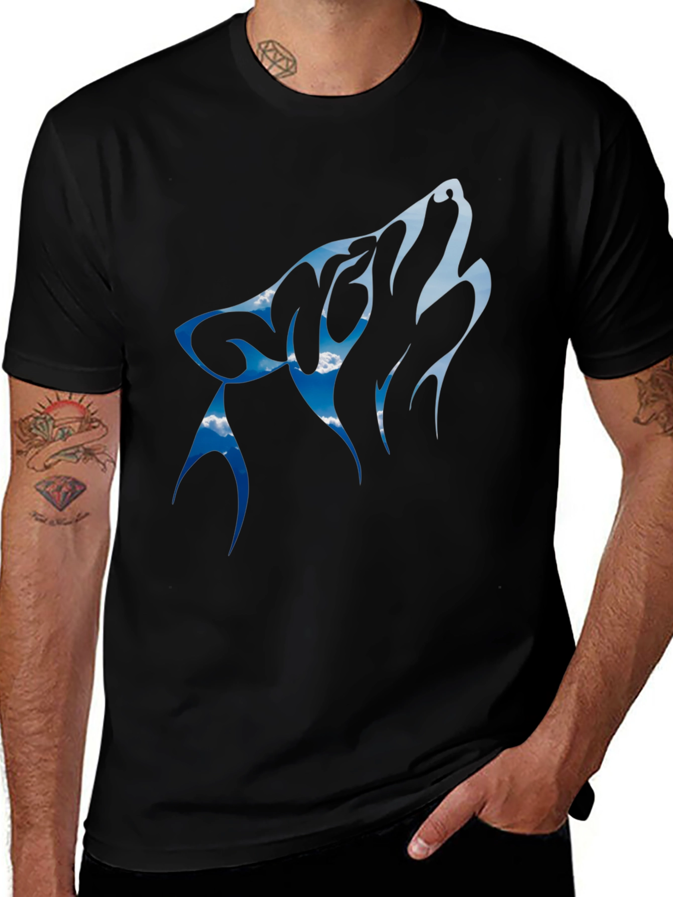Wolf Howling Sky Design Black Tee