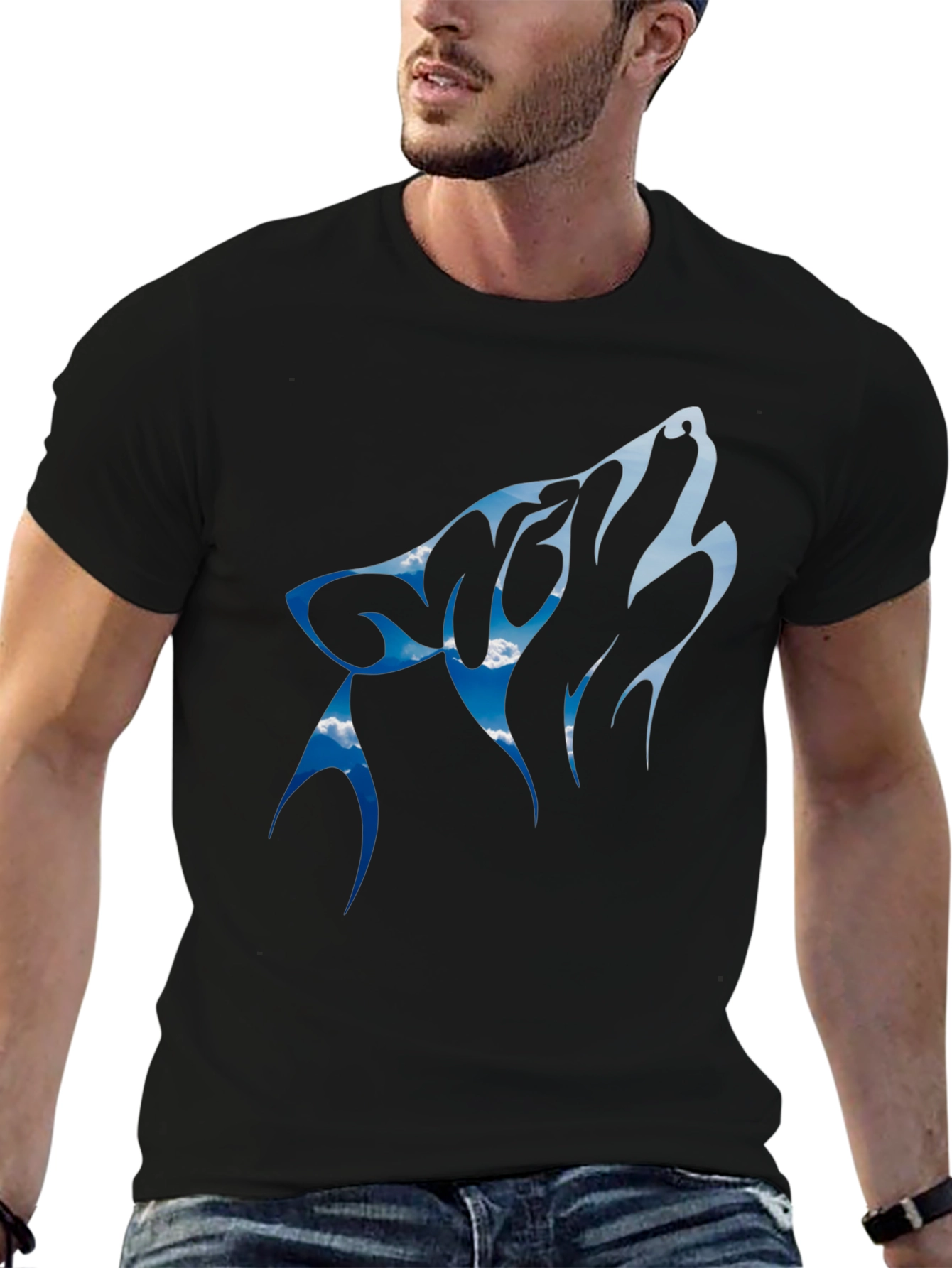 Wolf Howling Sky Design Black Tee
