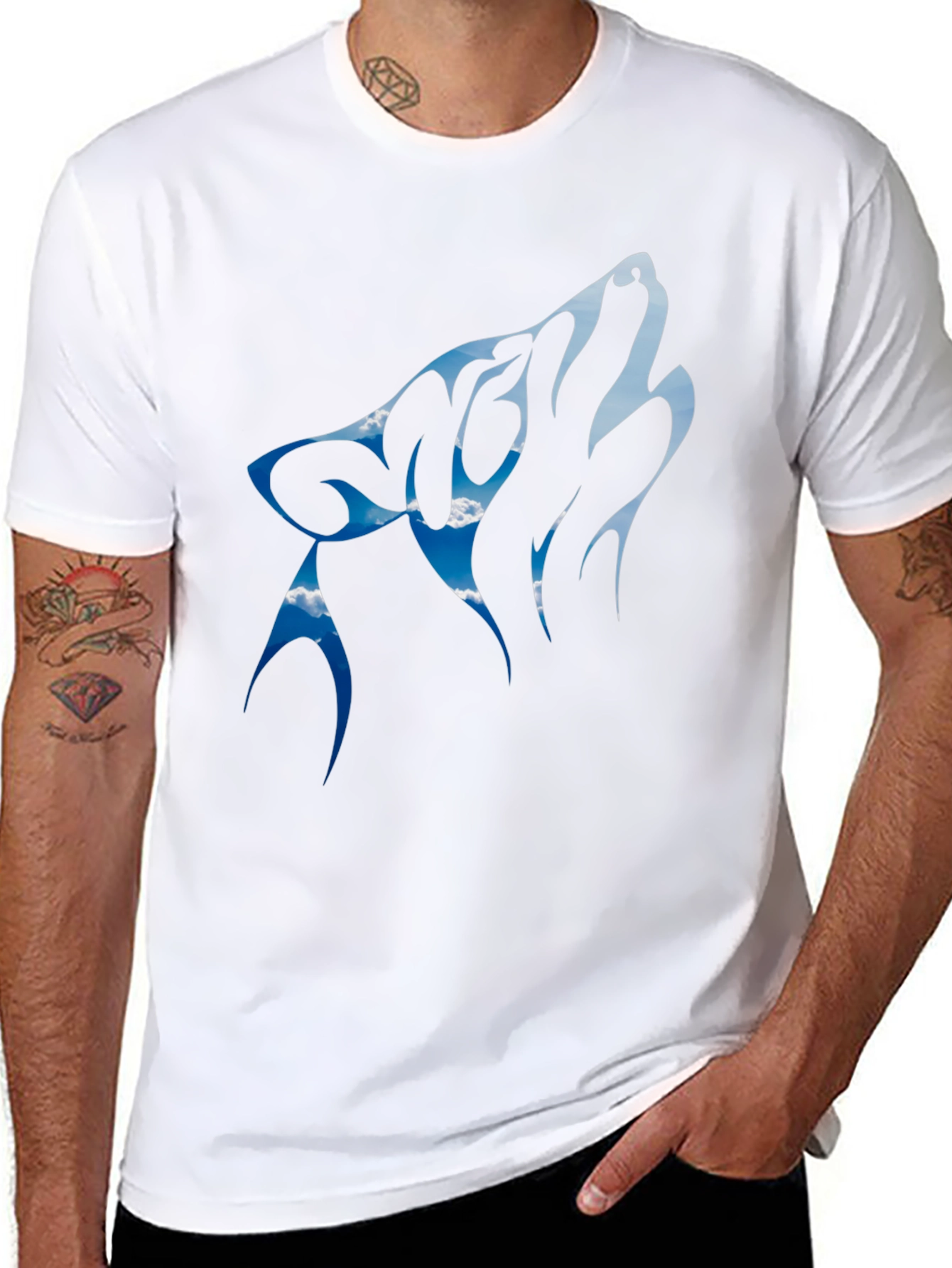 Wolf Howling Sky Design Black Tee