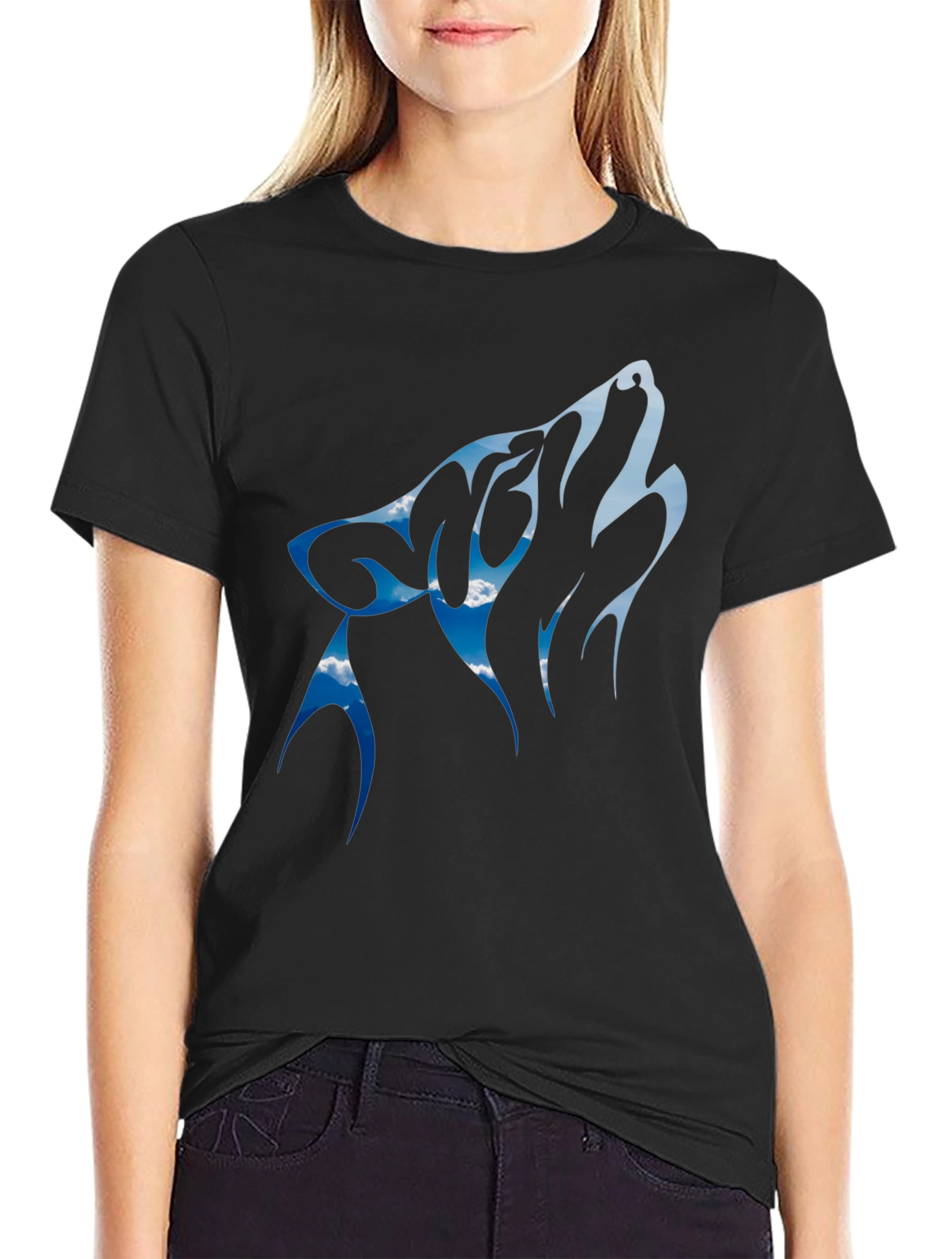 Wolf Howling Sky Design Black Tee