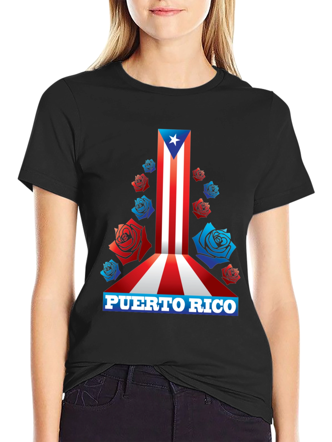 Puerto Rico Flag Roses Mens Graphic T-Shirt