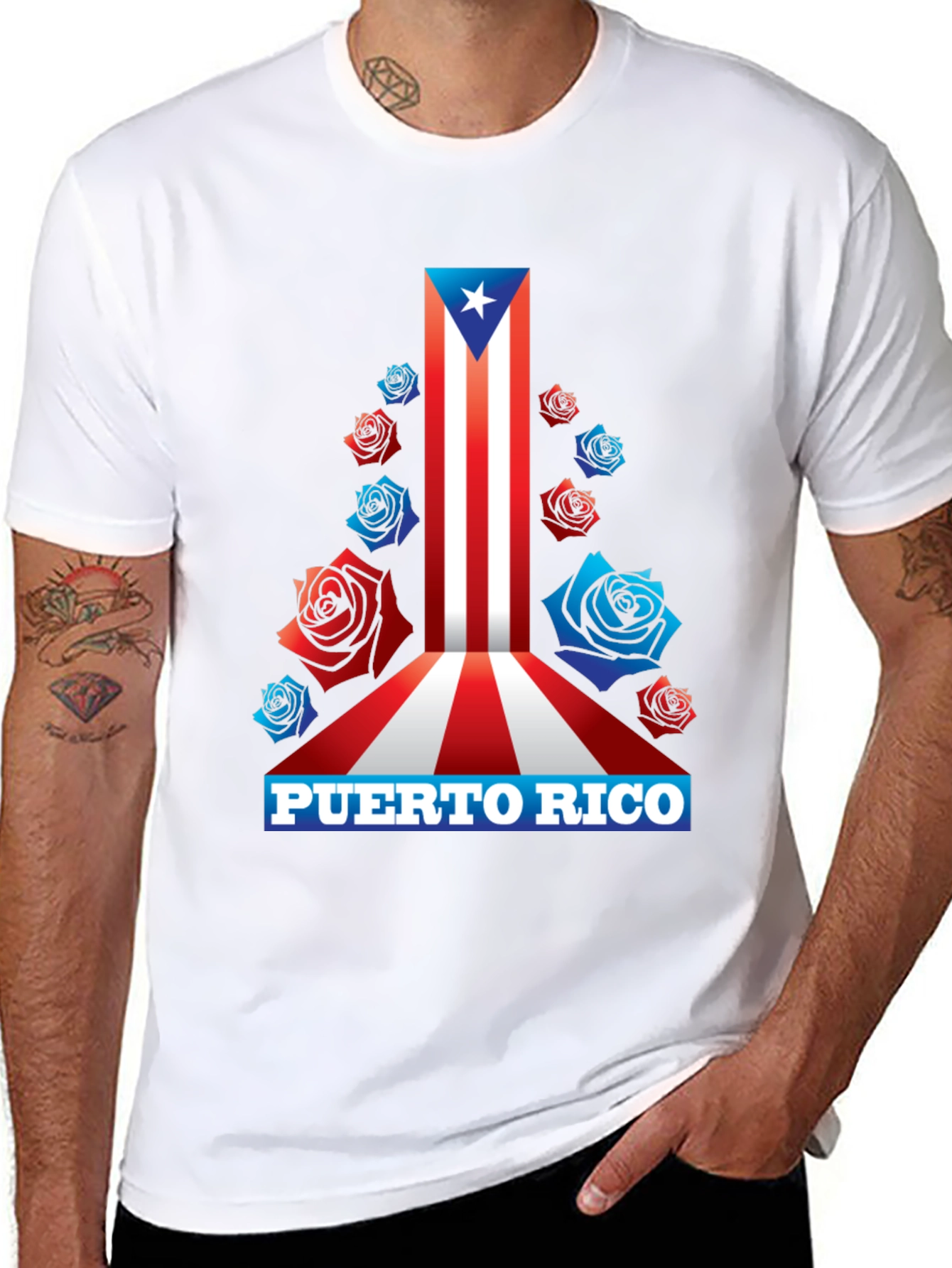 Puerto Rico Flag Roses Mens Graphic T-Shirt