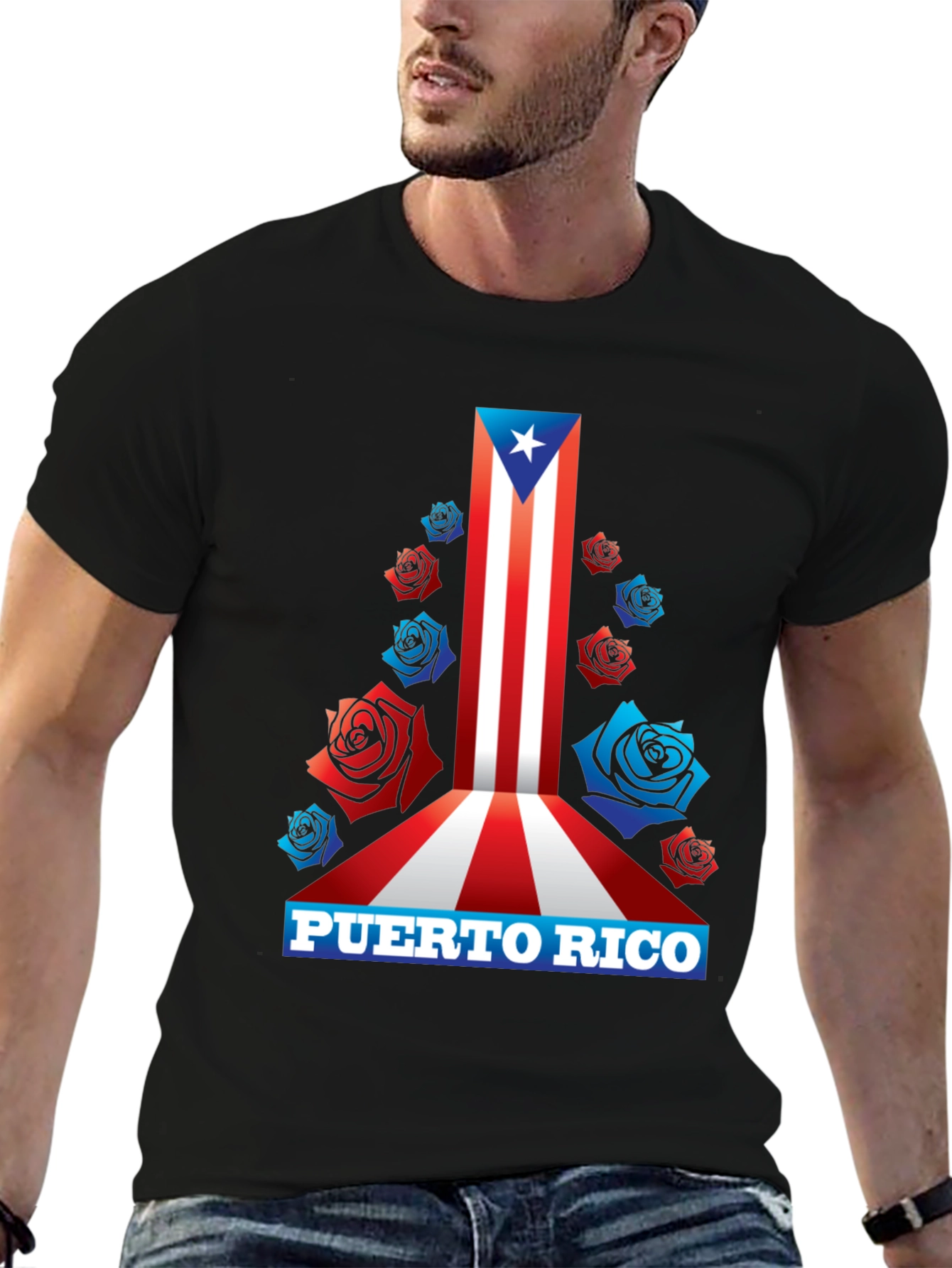 Puerto Rico Flag Roses Mens Graphic T-Shirt