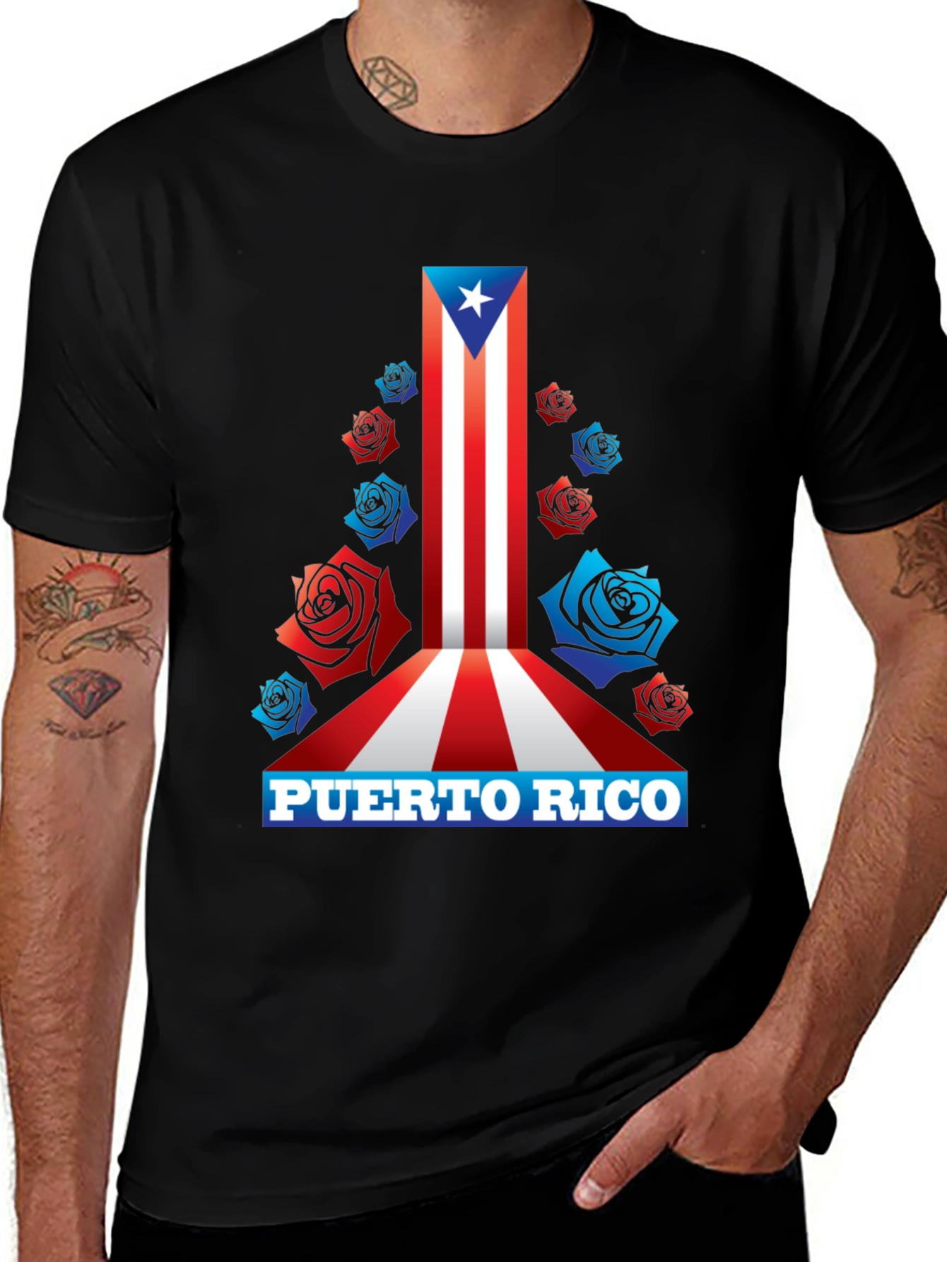 Puerto Rico Flag Roses Mens Graphic T-Shirt
