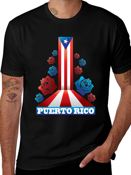 Puerto Rico Flag Roses Mens Graphic T-Shirt