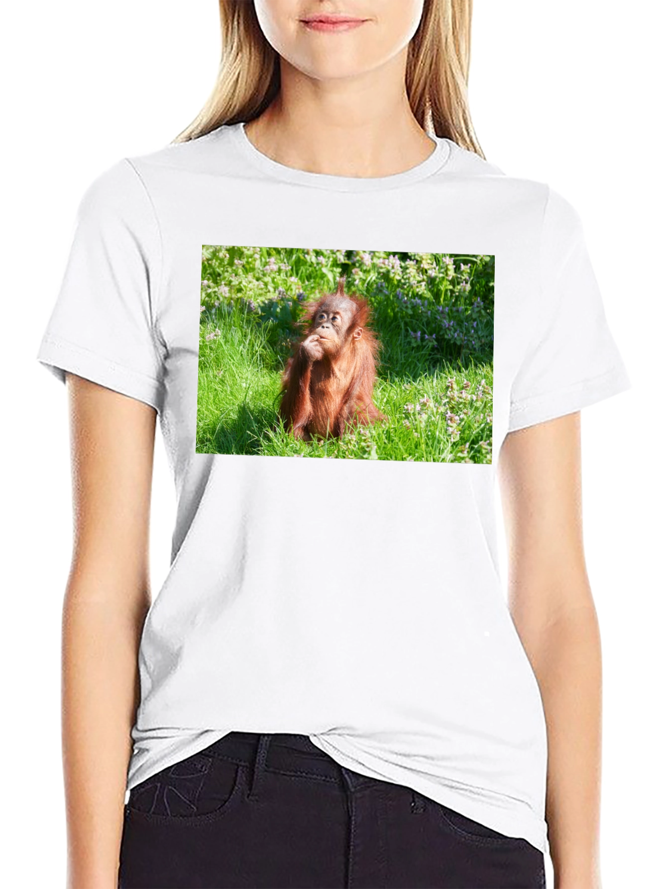 Orangutan in Grass Black T-Shirt