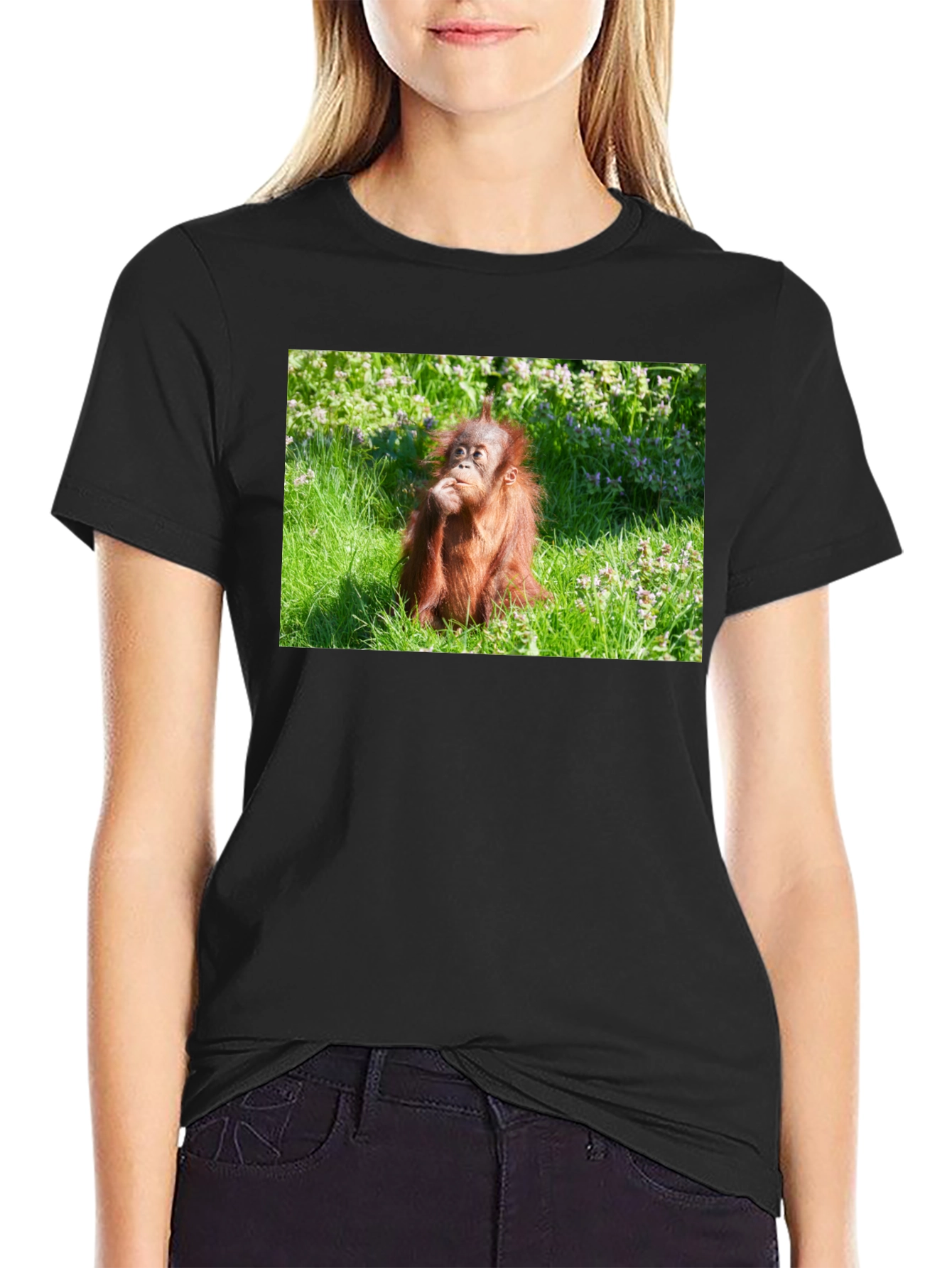 Orangutan in Grass Black T-Shirt