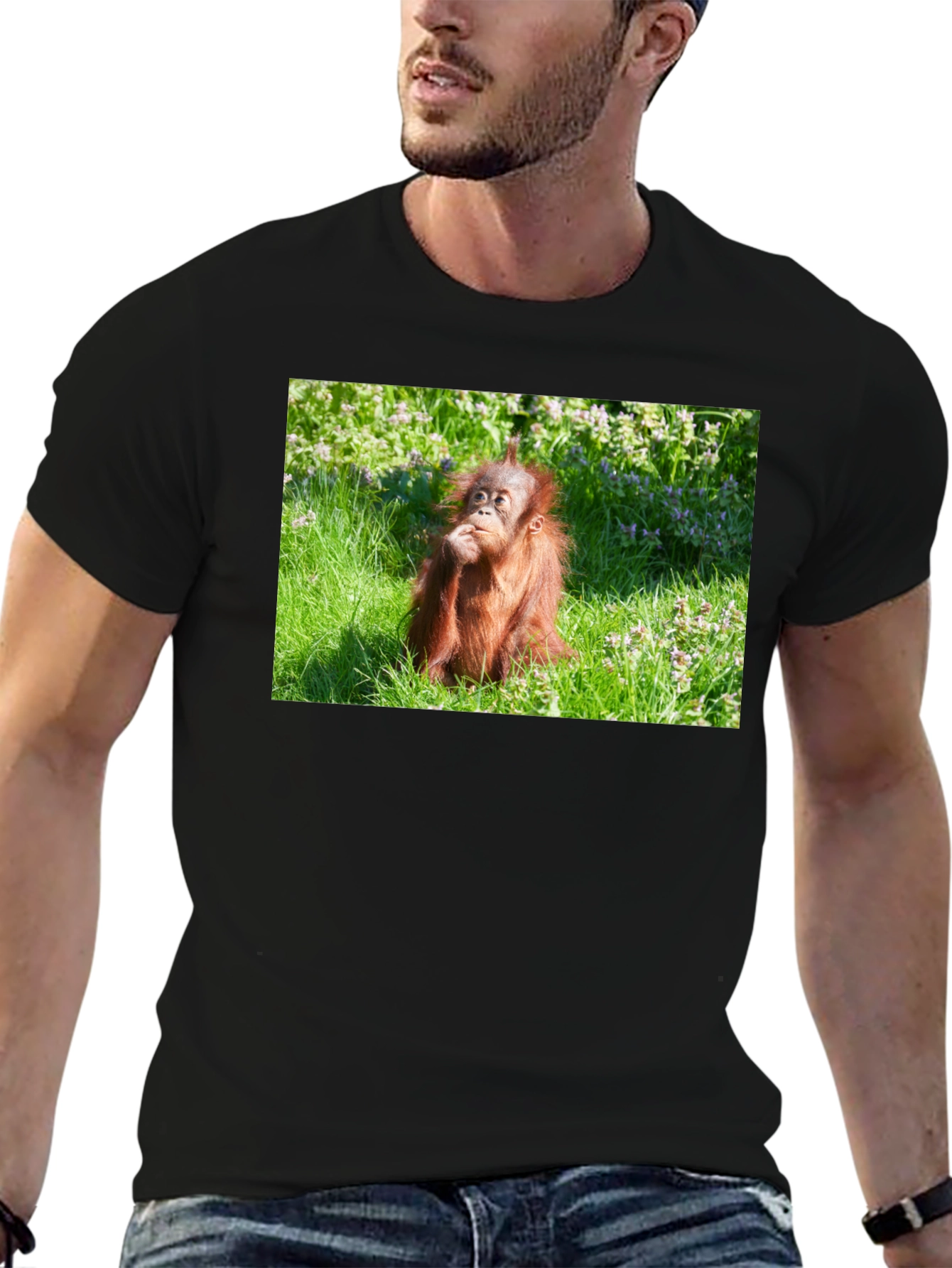 Orangutan in Grass Black T-Shirt