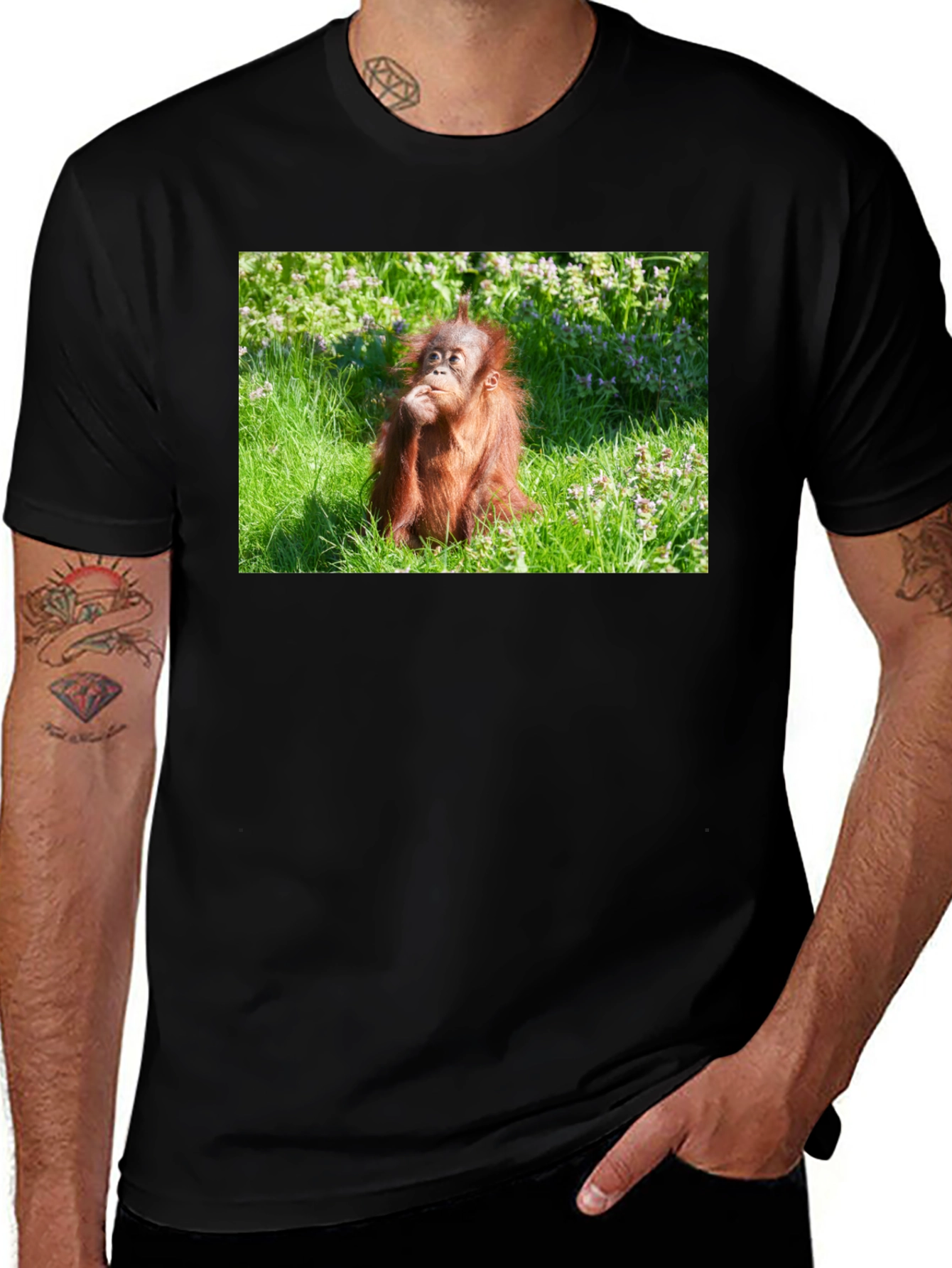 Orangutan in Grass Black T-Shirt