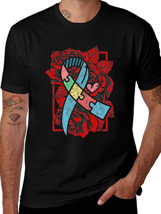 Autism Awareness Puzzle Ribbon Rose T-Shirt