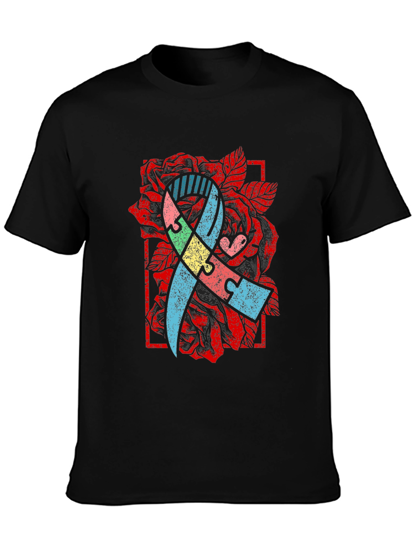 Autism Awareness Puzzle Ribbon Rose T-Shirt