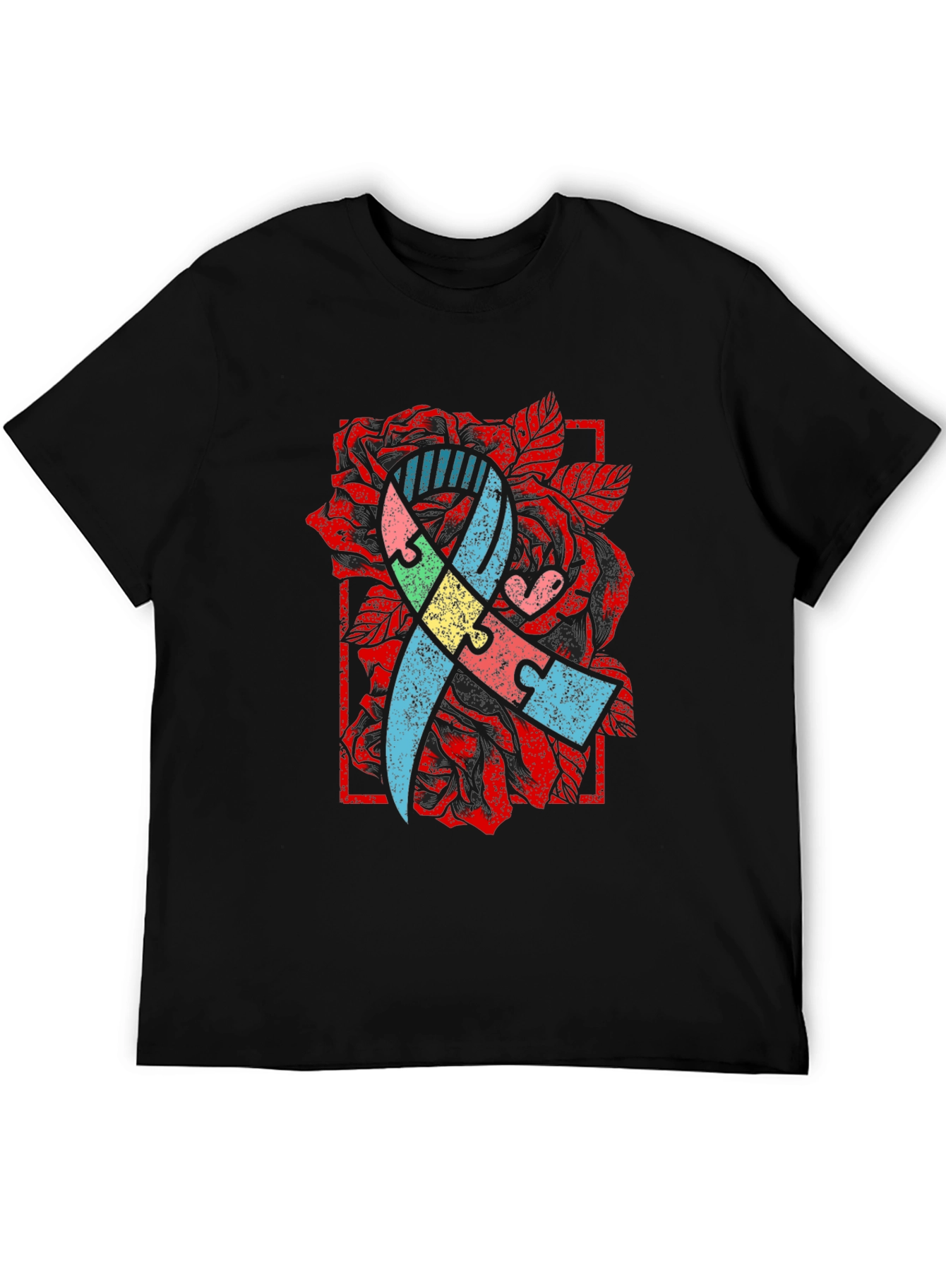 Autism Awareness Puzzle Ribbon Rose T-Shirt