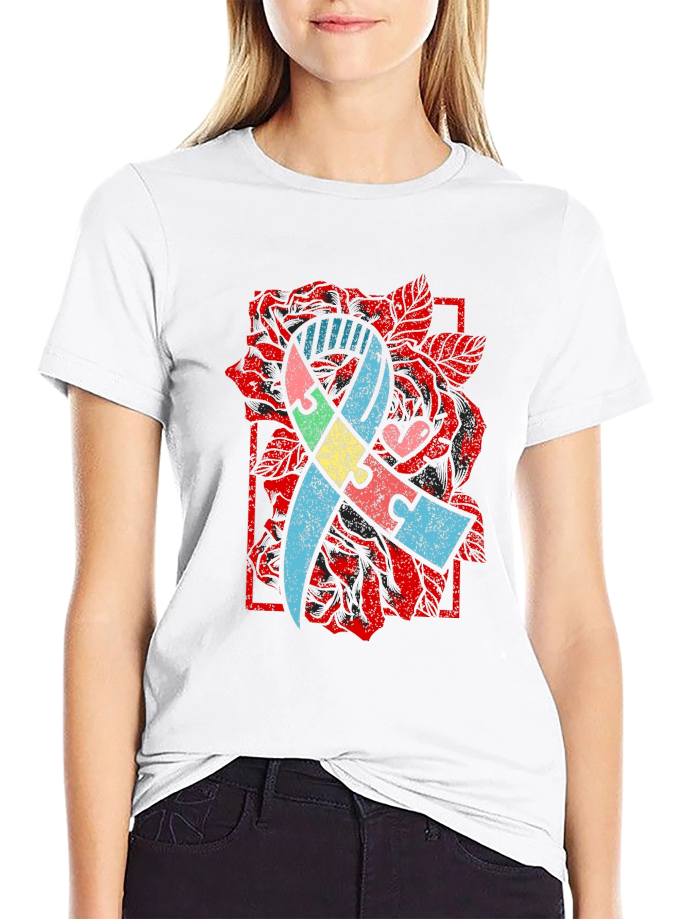 Autism Awareness Puzzle Ribbon Rose T-Shirt