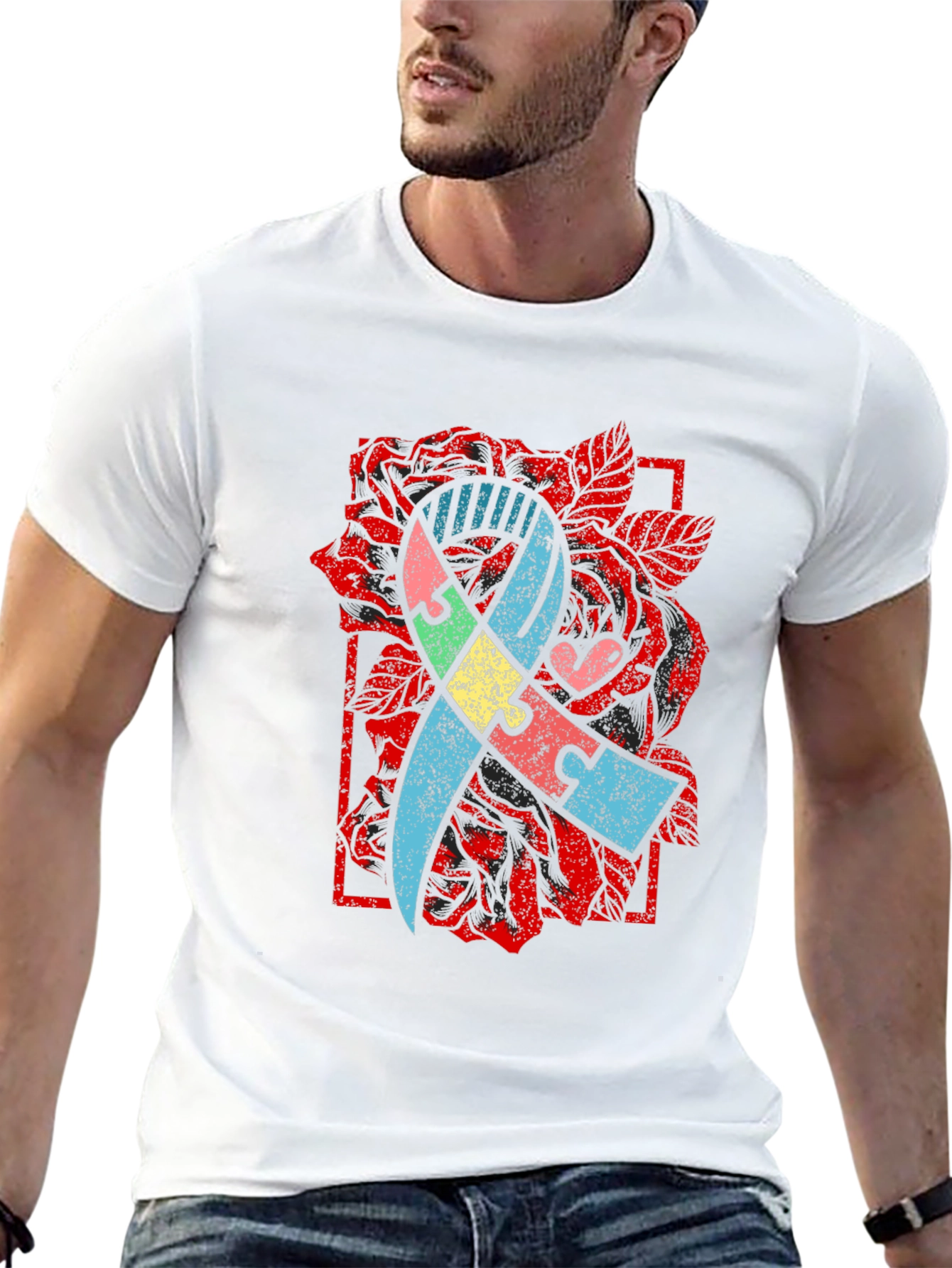 Autism Awareness Puzzle Ribbon Rose T-Shirt