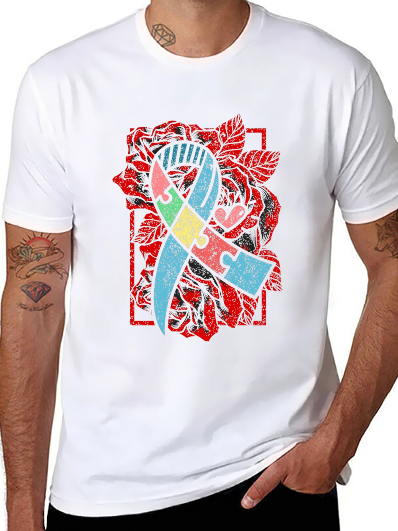 Autism Awareness Puzzle Ribbon Rose T-Shirt