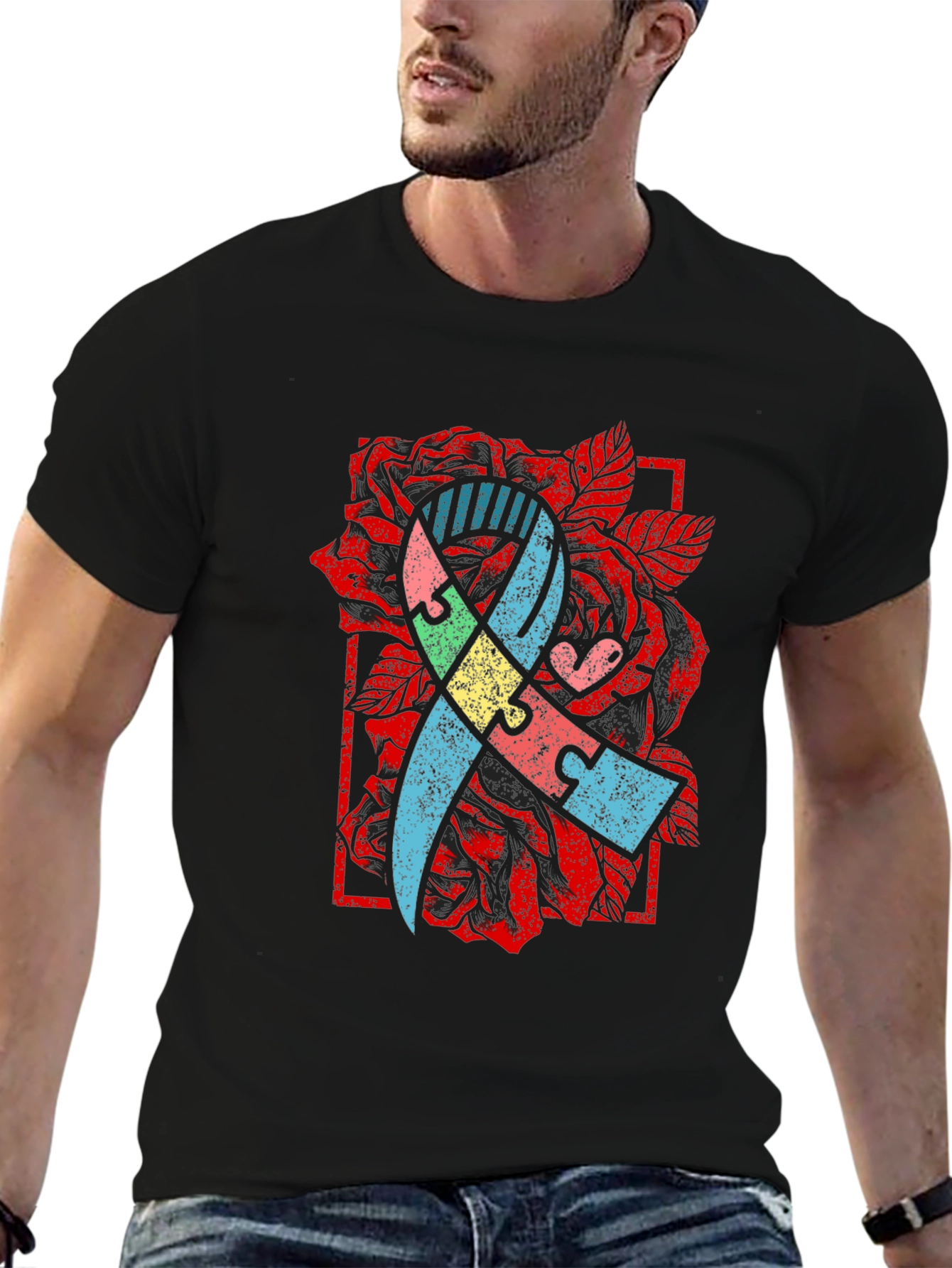 Autism Awareness Puzzle Ribbon Rose T-Shirt