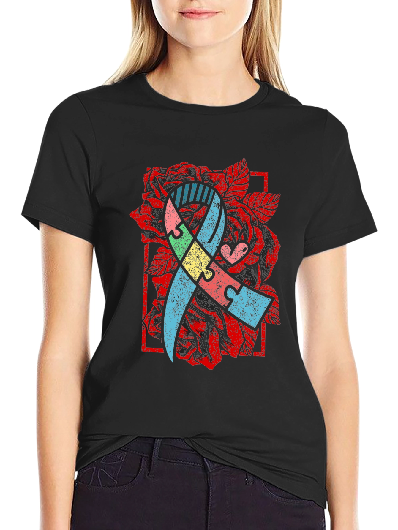 Autism Awareness Puzzle Ribbon Rose T-Shirt