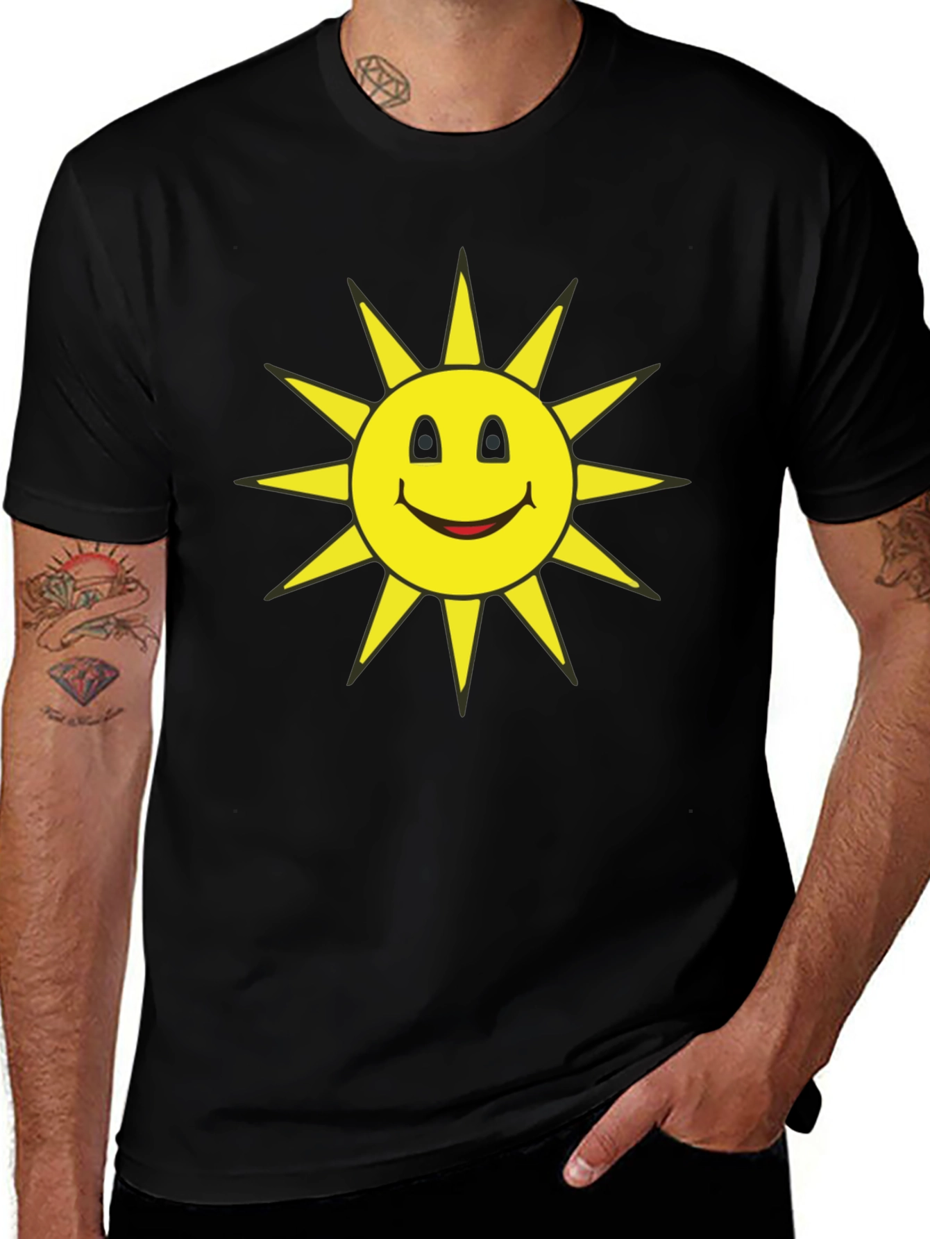 Smiley Sun Graphic T-Shirt - Black Casual Tee