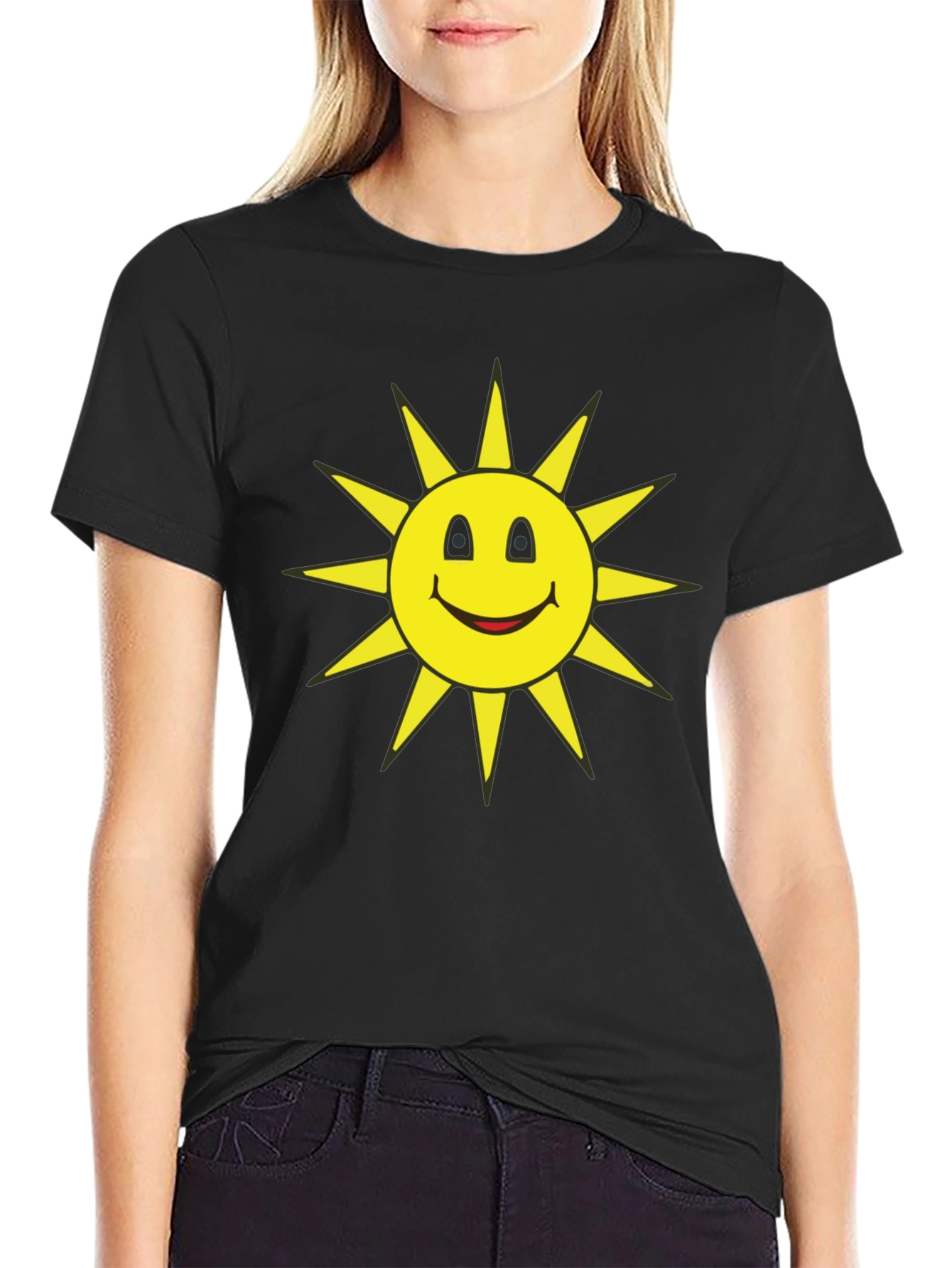 Smiley Sun Graphic T-Shirt - Black Casual Tee