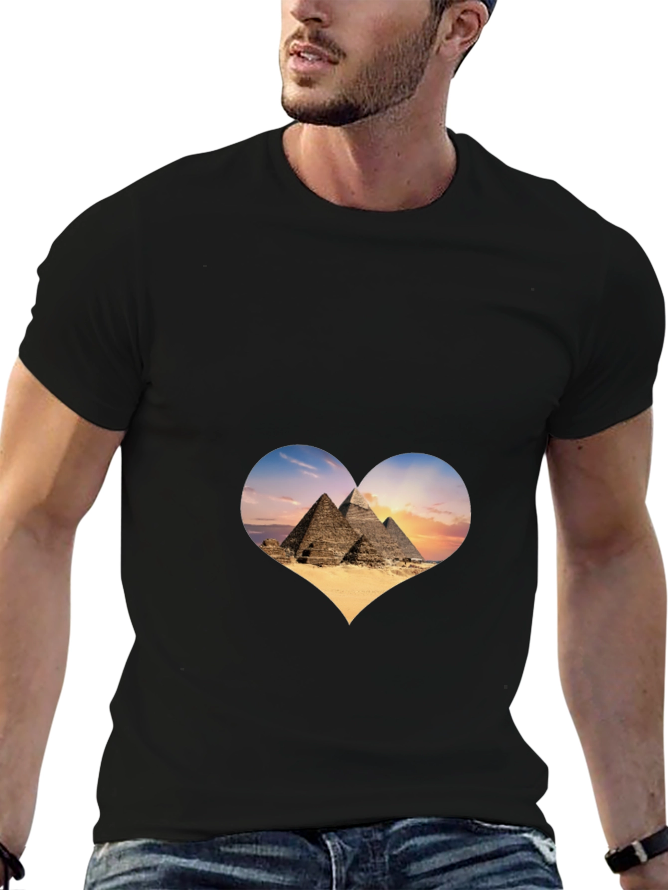 Egypt Pyramids Heart Graphic T-Shirt - Mens Black Tee