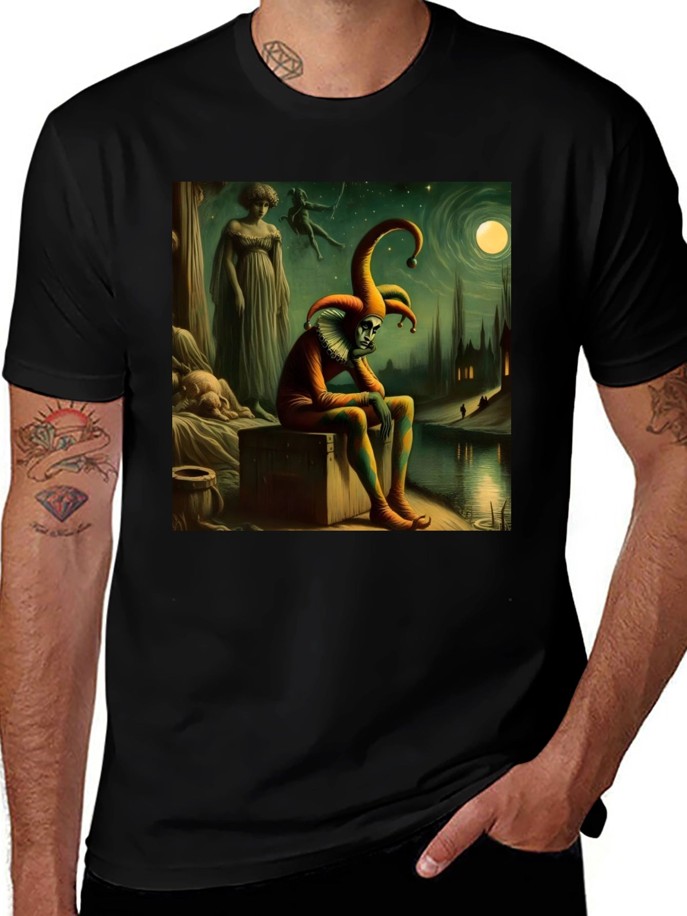 Brooding Jester Graphic Tee - Unique Art T-Shirt