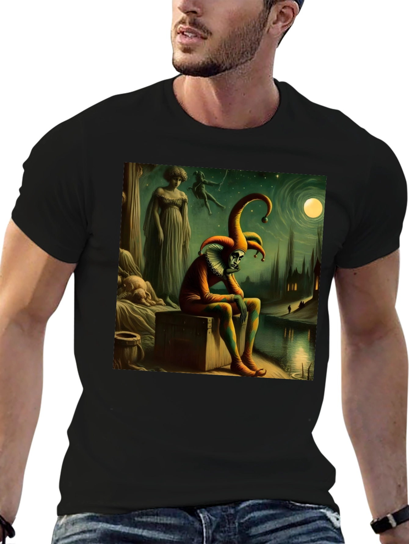 Brooding Jester Graphic Tee - Unique Art T-Shirt