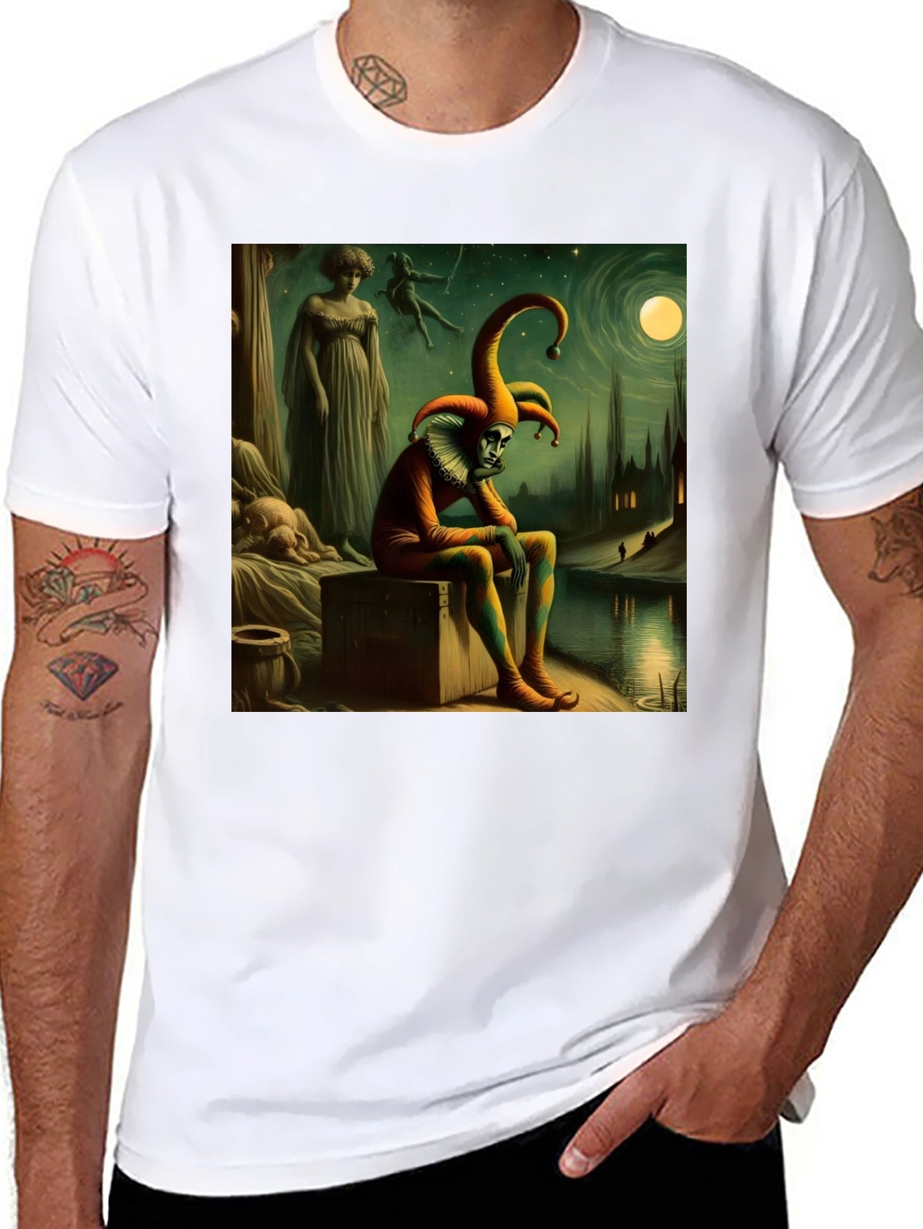 Brooding Jester Graphic Tee - Unique Art T-Shirt