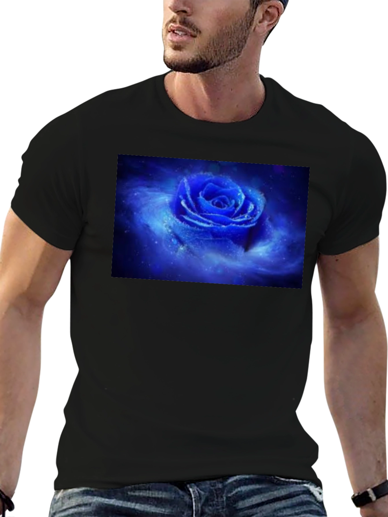 Black T-Shirt with Galaxy Rose Print