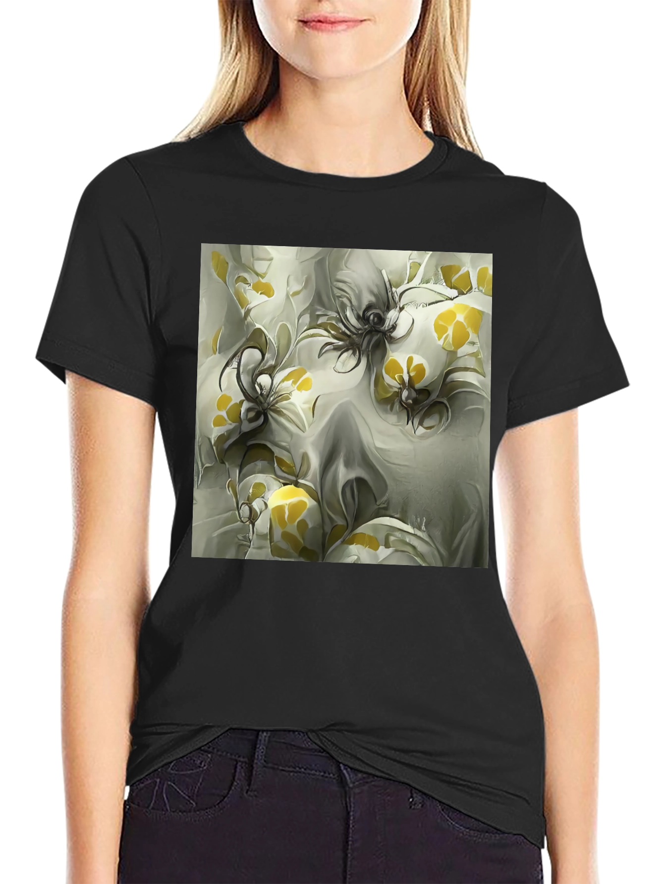 Abstract Floral Print Black T-Shirt