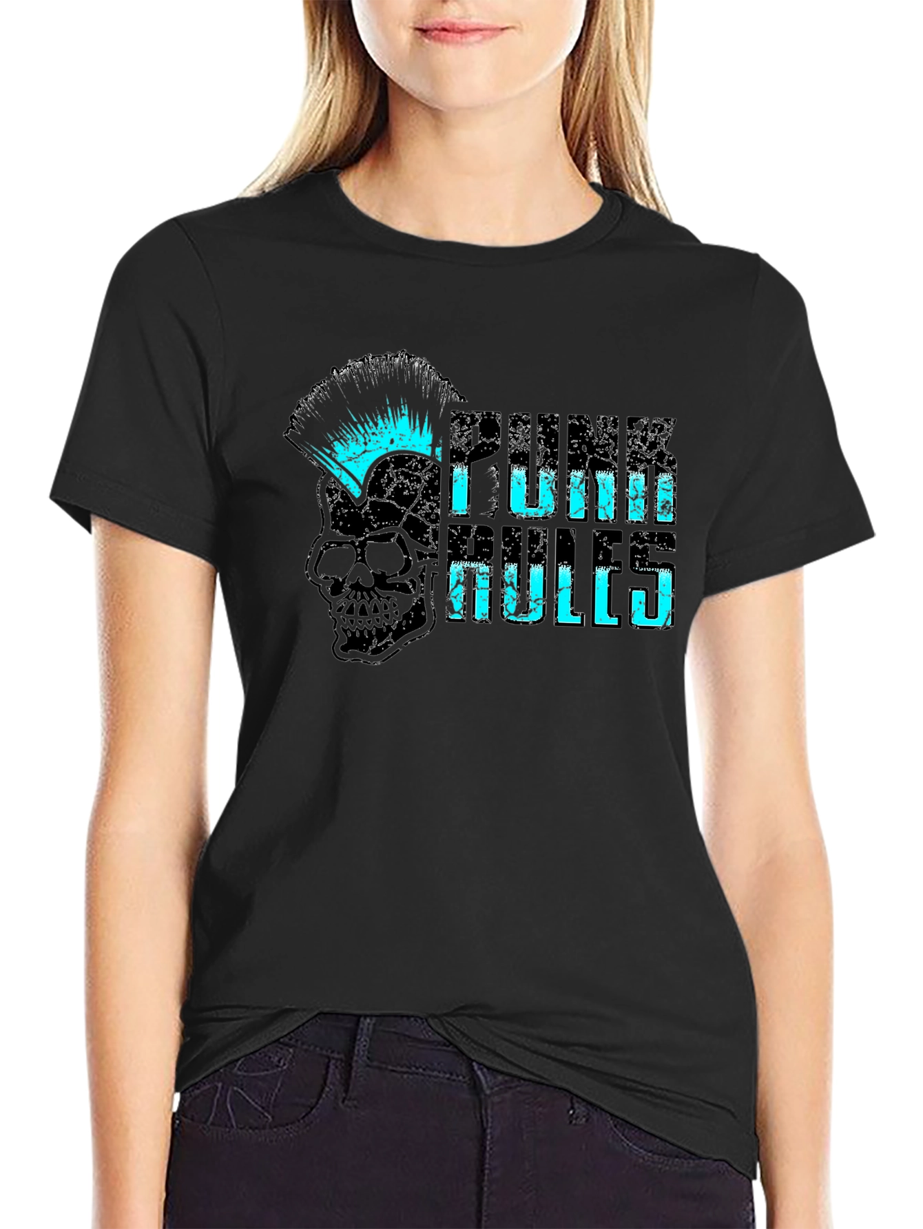 Punk Rules Skull Graphic Tee - Black Cotton T-Shirt
