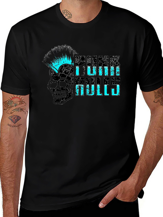 Punk Rules Skull Graphic Tee - Black Cotton T-Shirt