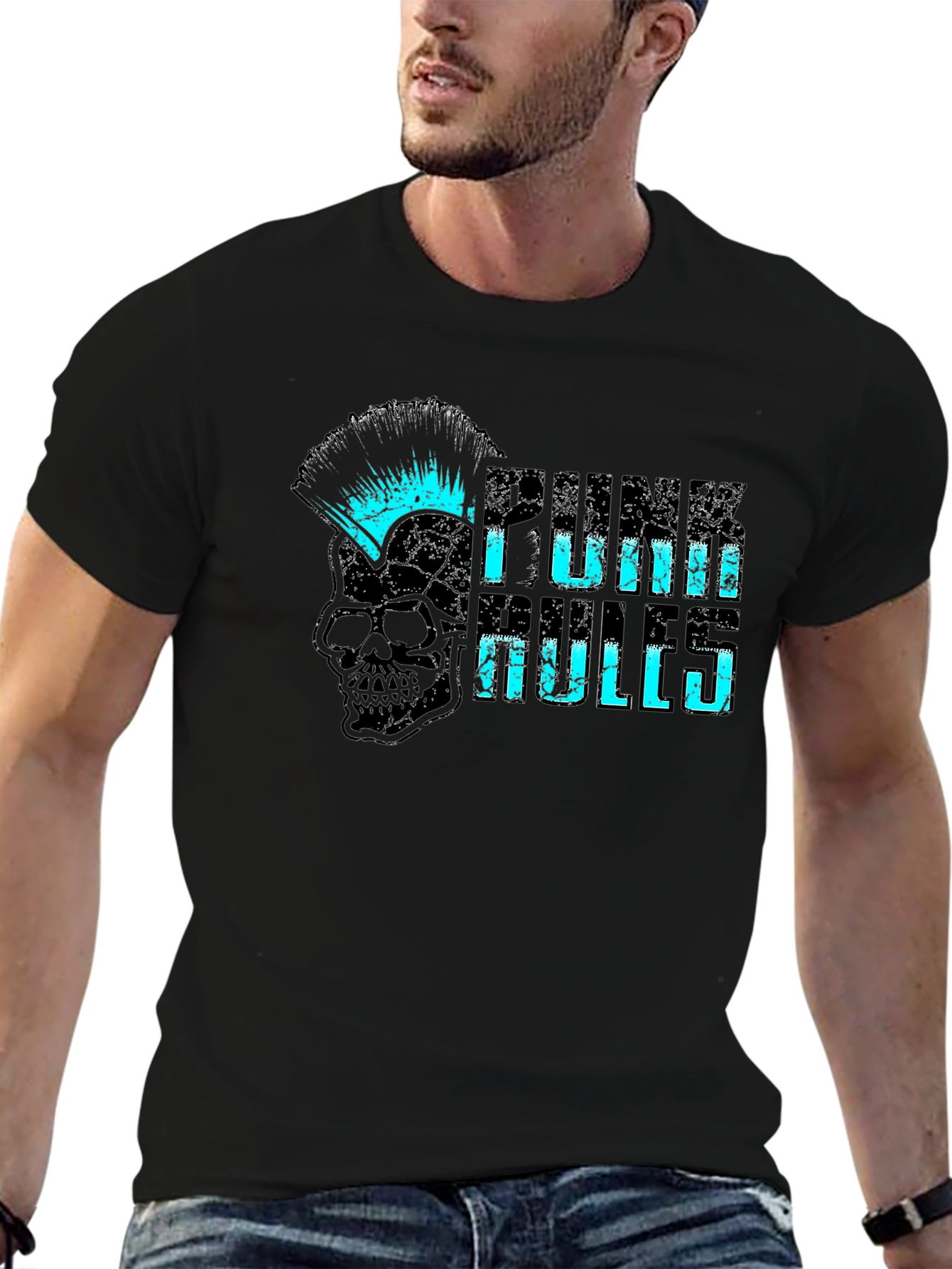 Punk Rules Skull Graphic Tee - Black Cotton T-Shirt