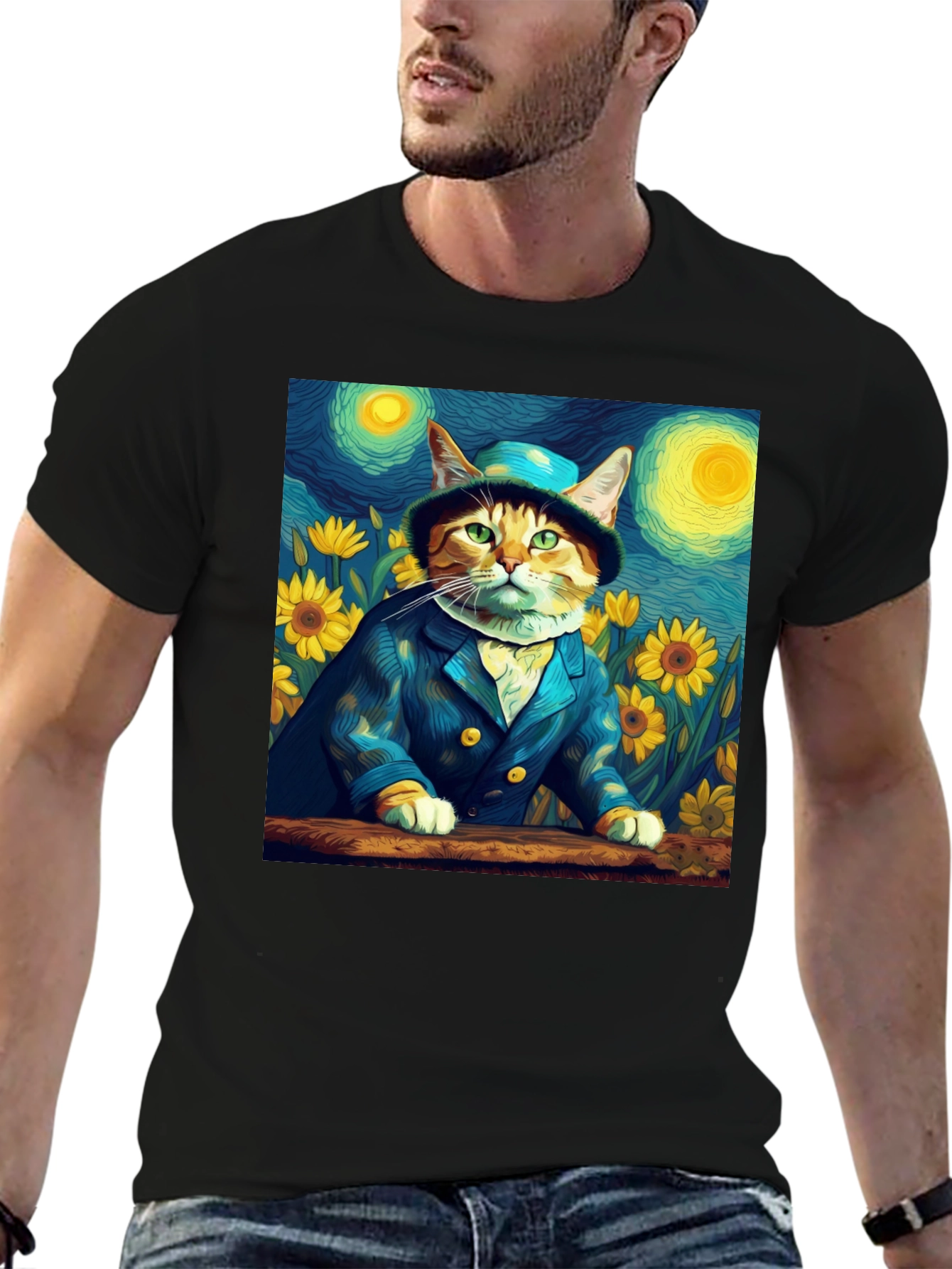 Starry Night Cat T-Shirt - Artistic Apparel