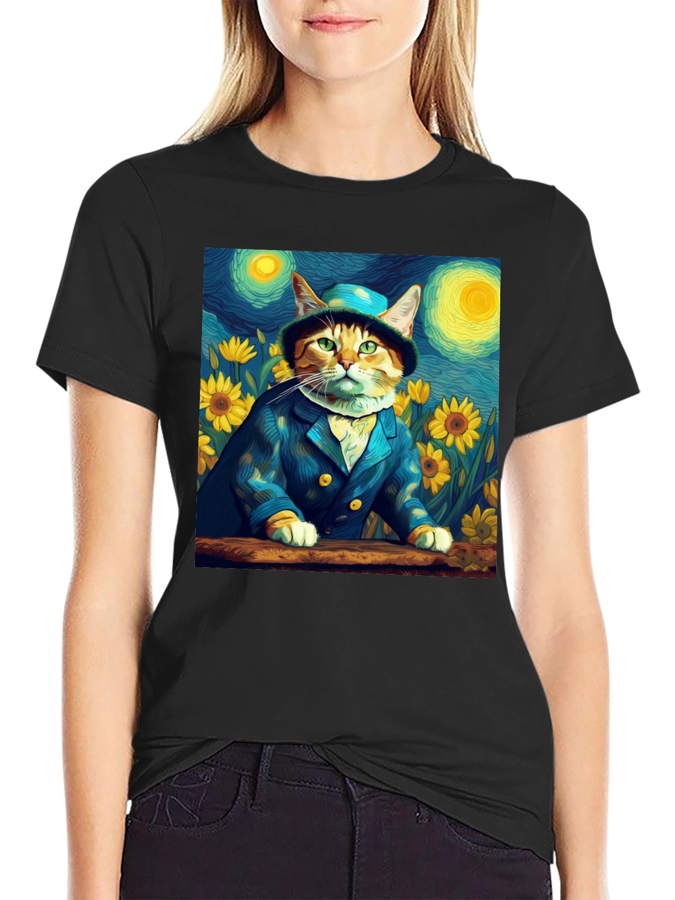 Starry Night Cat T-Shirt - Artistic Apparel