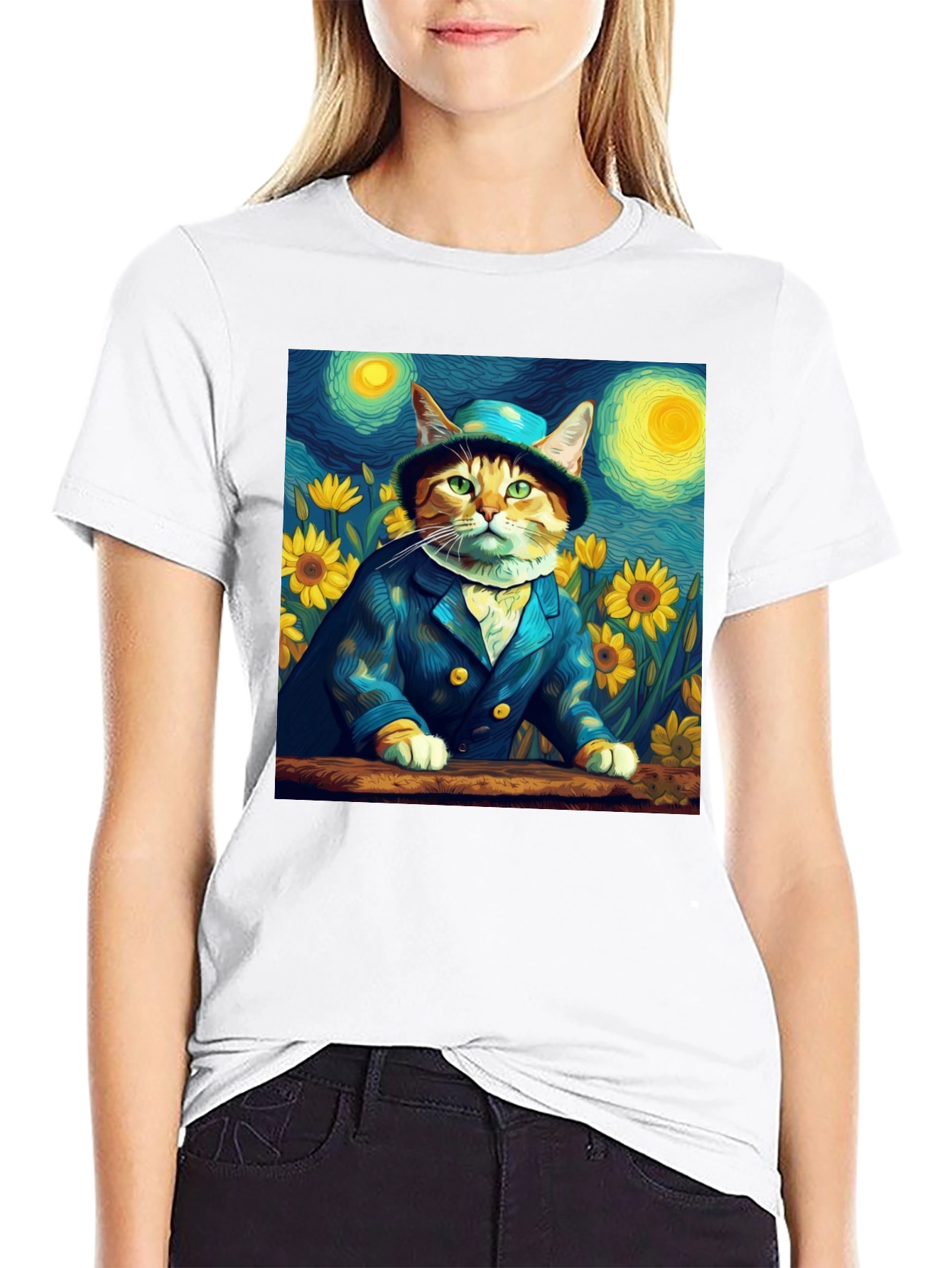 Starry Night Cat T-Shirt - Artistic Apparel