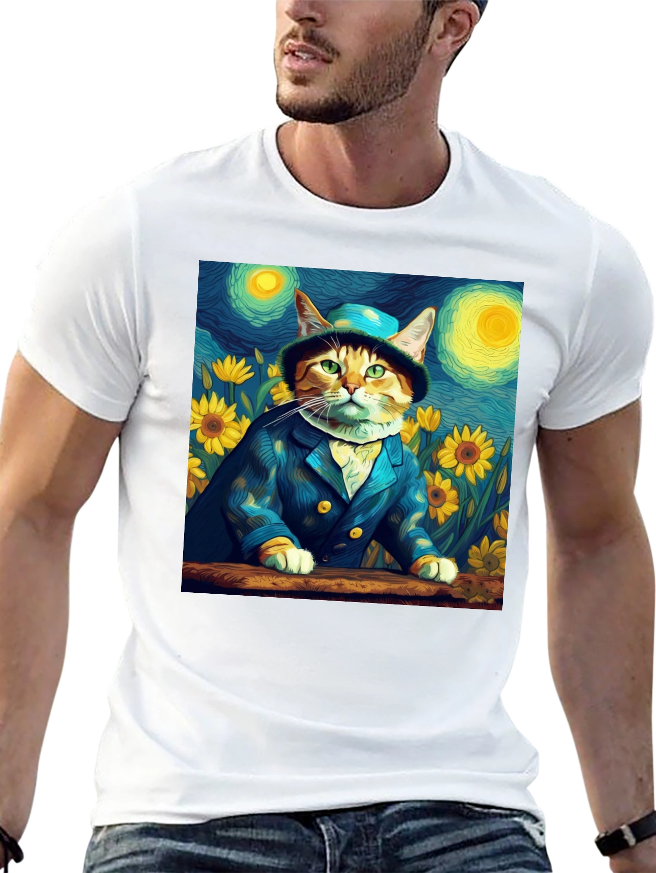 Starry Night Cat T-Shirt - Artistic Apparel