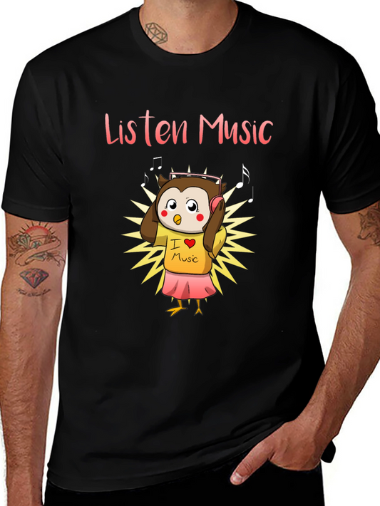 Listen Music Owl Graphic Tee - Black Cotton T-Shirt