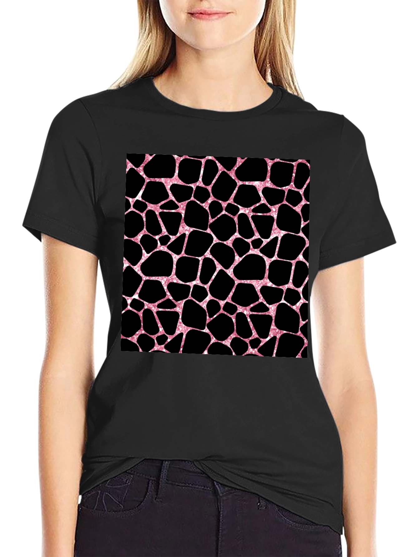Pink Giraffe Print Black T-Shirt