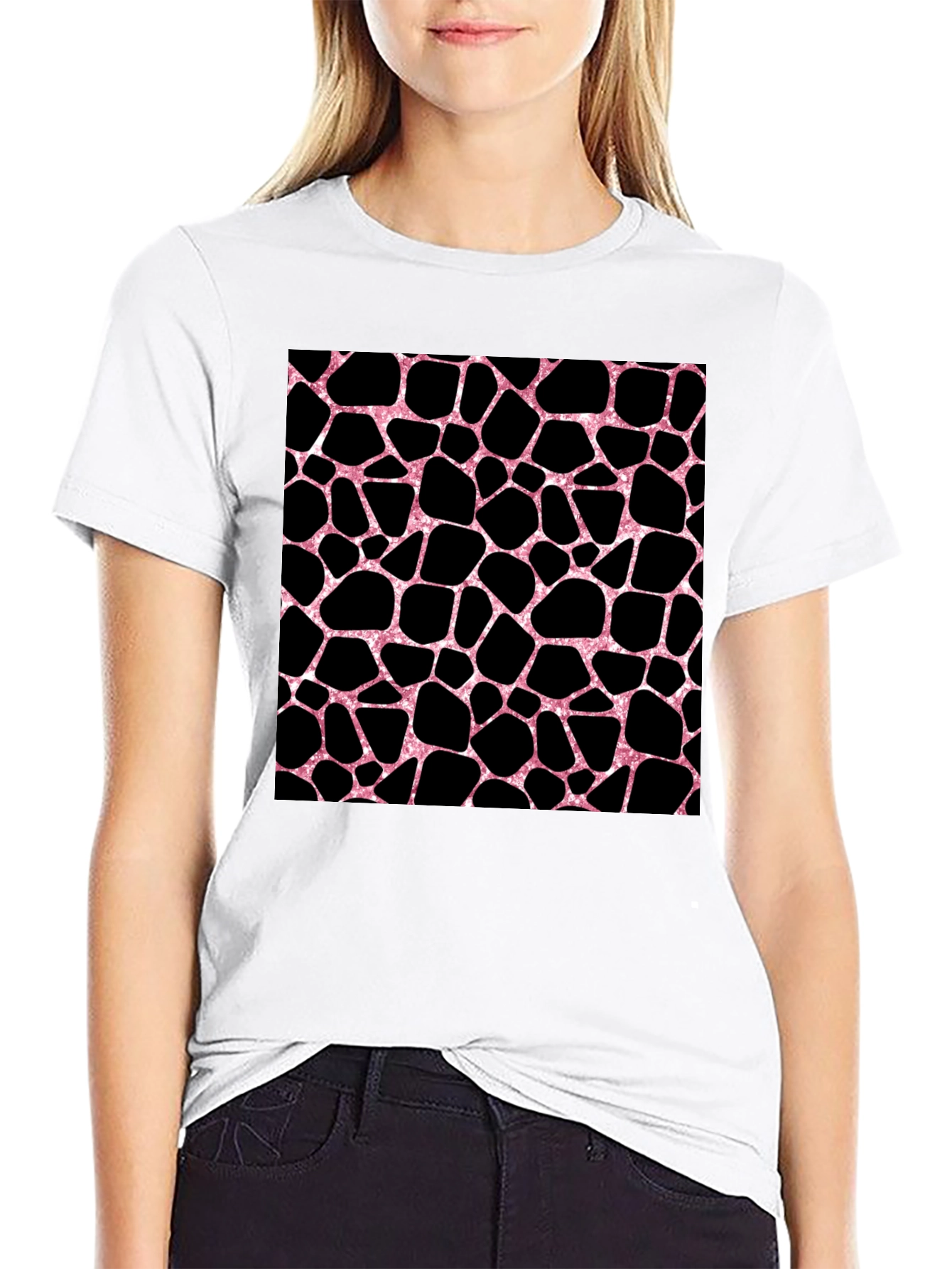 Pink Giraffe Print Black T-Shirt