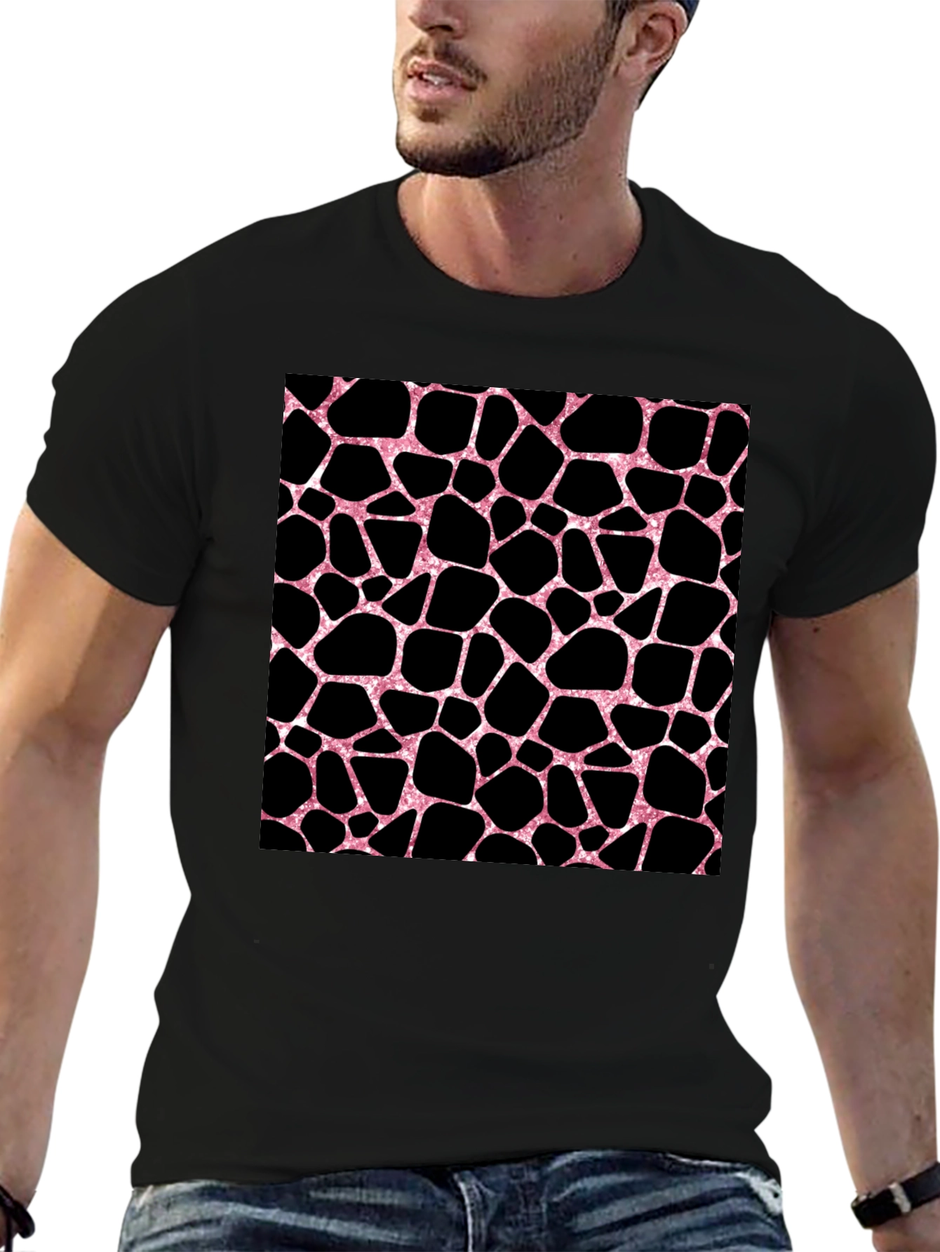 Pink Giraffe Print Black T-Shirt