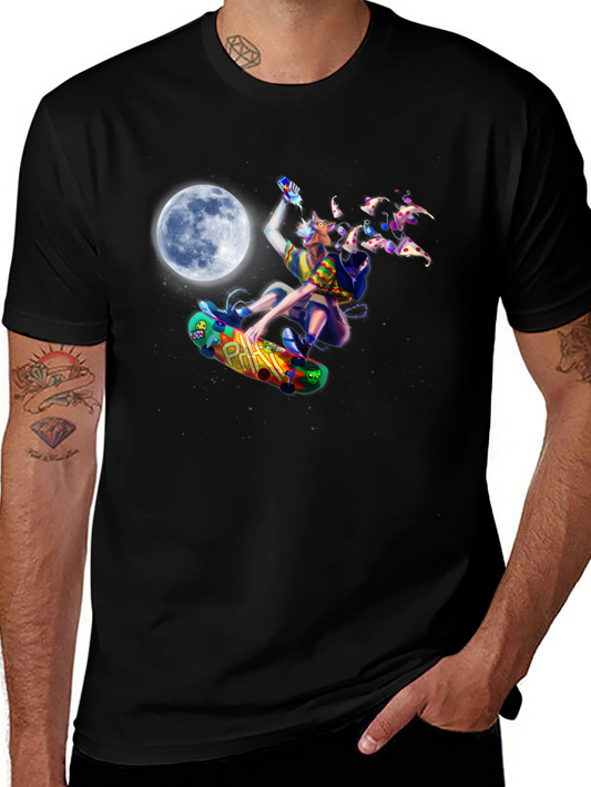 Skateboarding Pizza Wolf Black T-Shirt