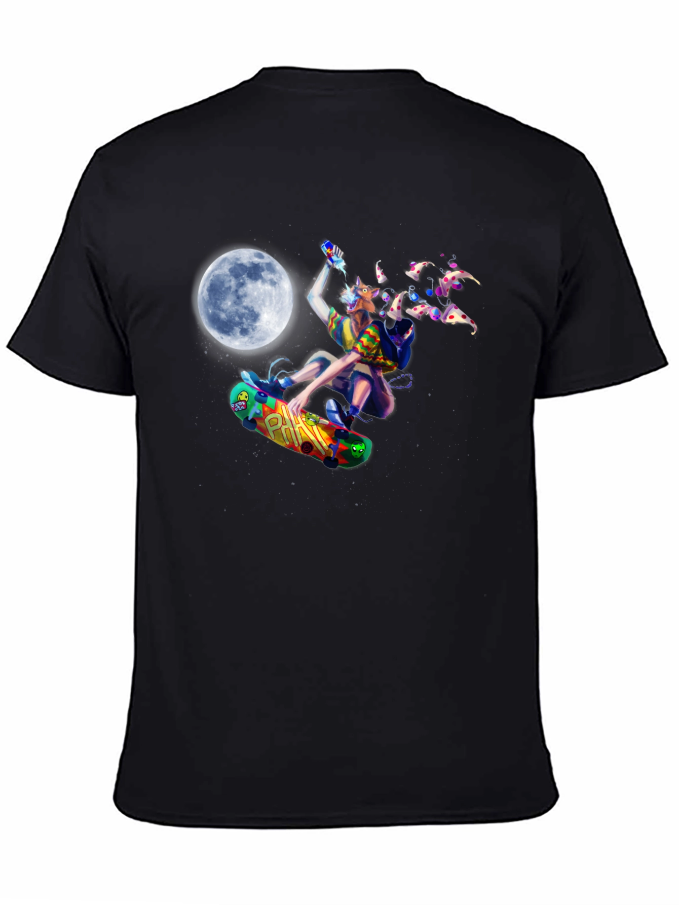 Skateboarding Pizza Wolf Black T-Shirt