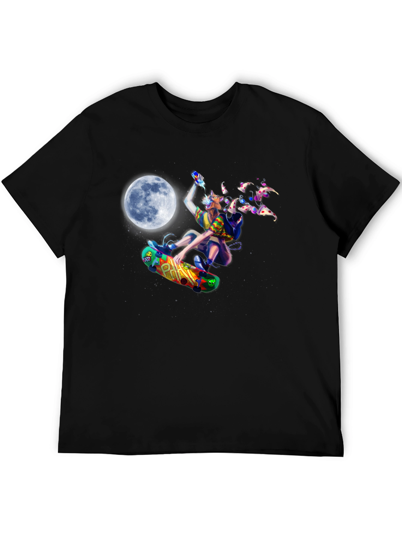 Skateboarding Pizza Wolf Black T-Shirt