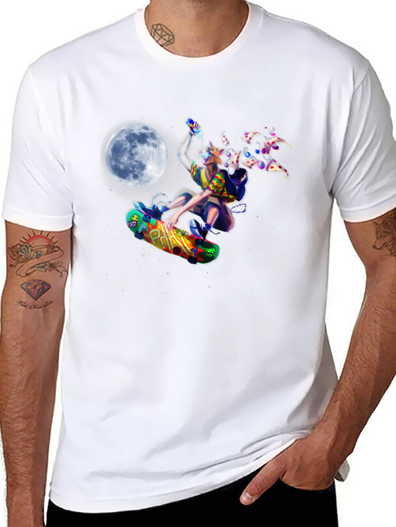 Skateboarding Pizza Wolf Black T-Shirt