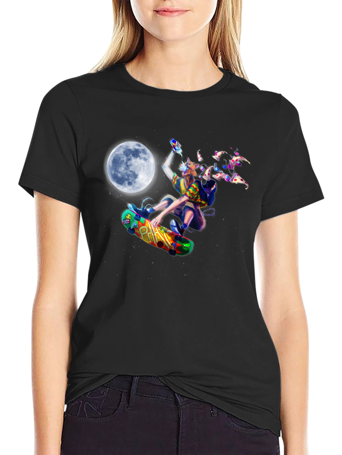 Skateboarding Pizza Wolf Black T-Shirt