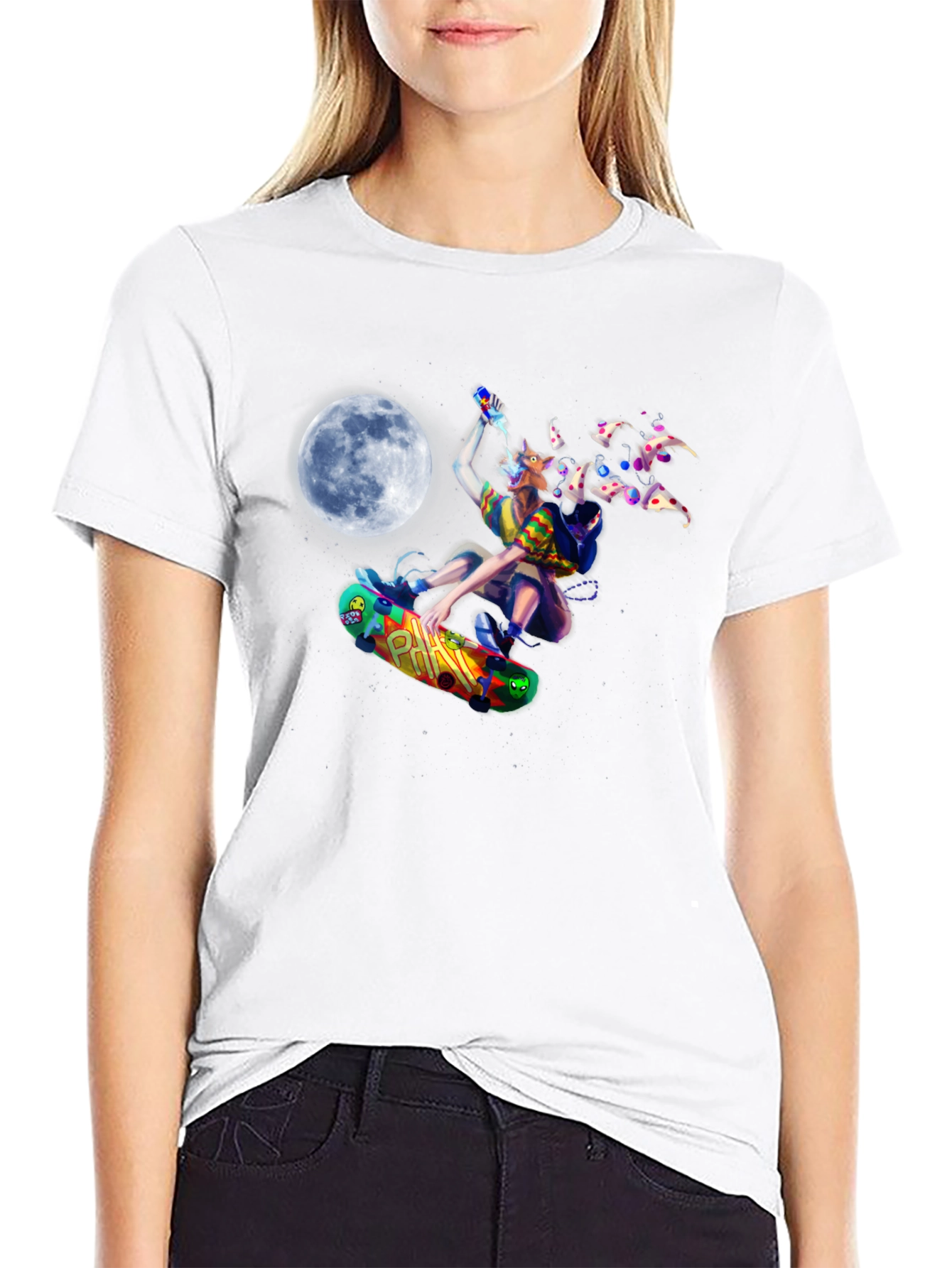 Skateboarding Pizza Wolf Black T-Shirt