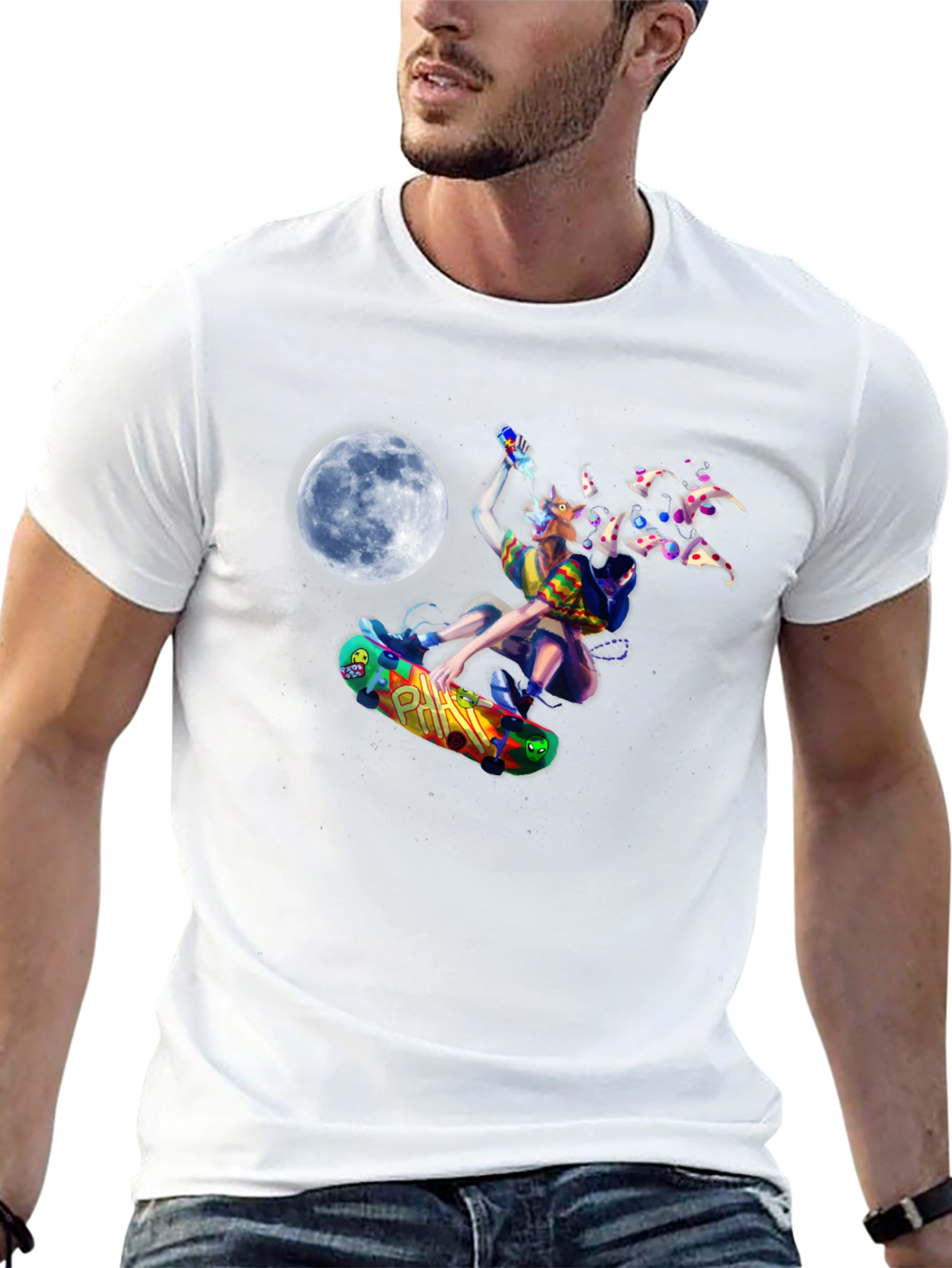 Skateboarding Pizza Wolf Black T-Shirt