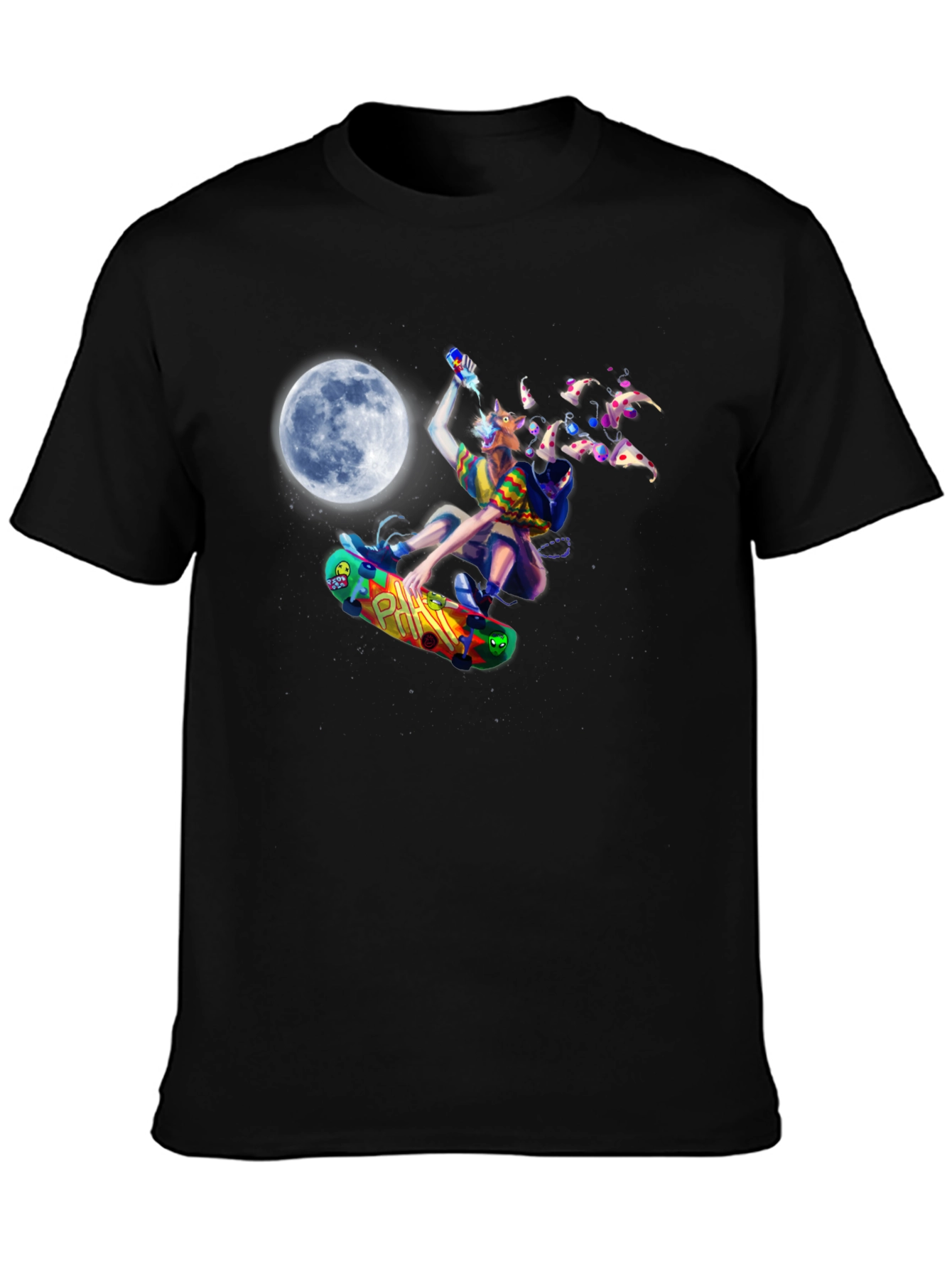 Skateboarding Pizza Wolf Black T-Shirt